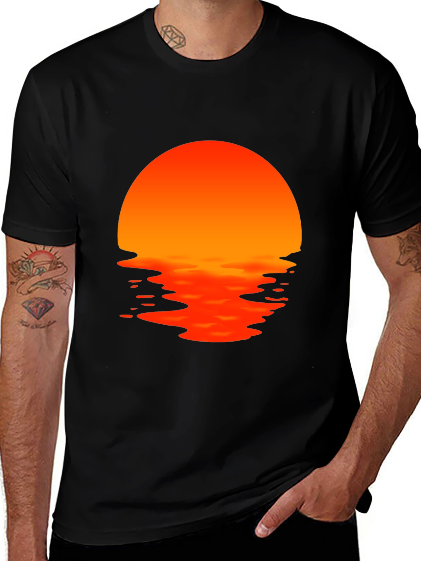 Sunset Waves Graphic Tee - Black Cotton T-Shirt