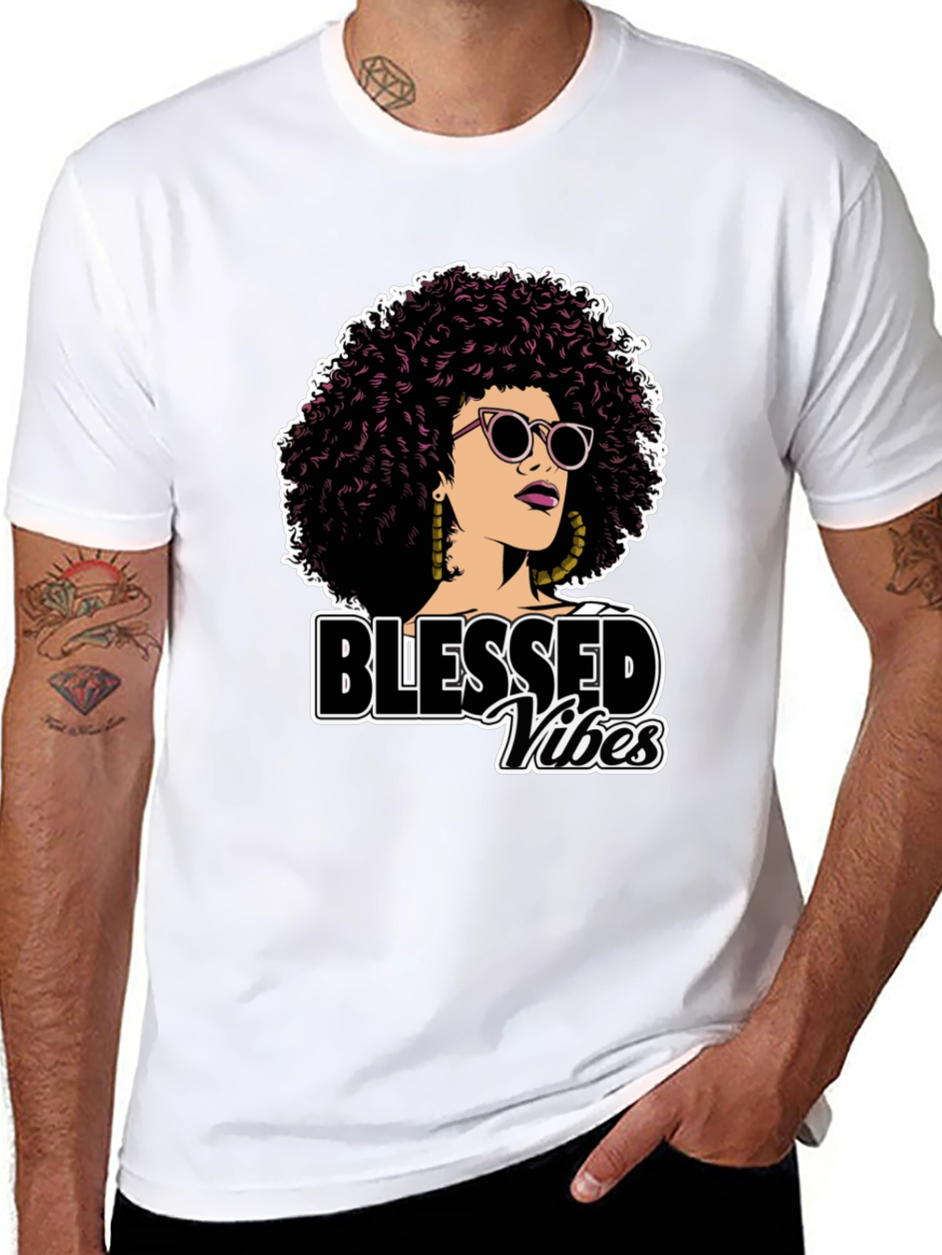 Blessed Vibes Graphic Tee - Stylish Afro Woman Design