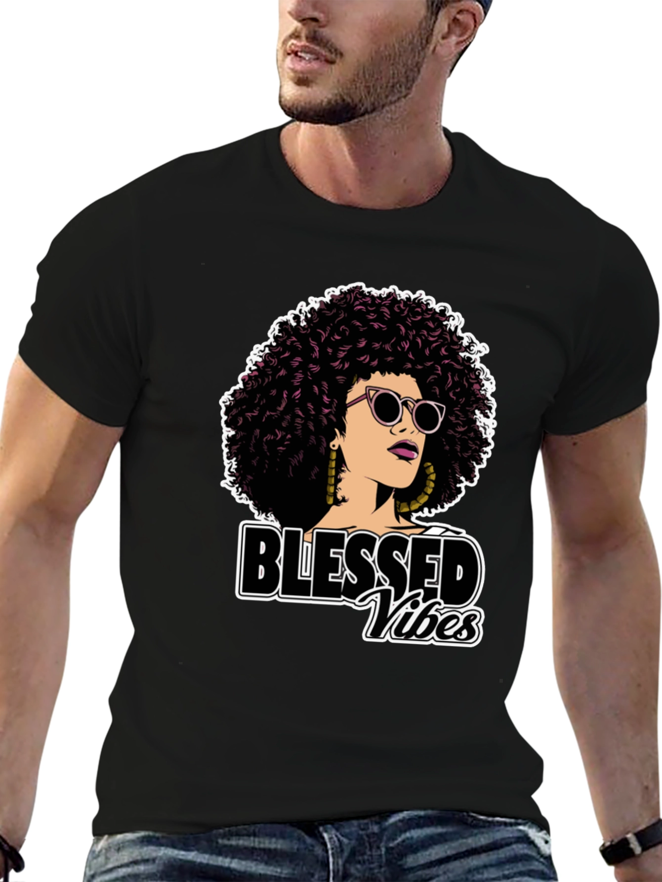 Blessed Vibes Graphic Tee - Stylish Afro Woman Design