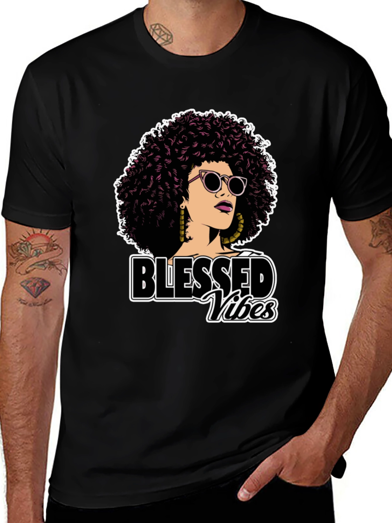 Blessed Vibes Graphic Tee - Stylish Afro Woman Design