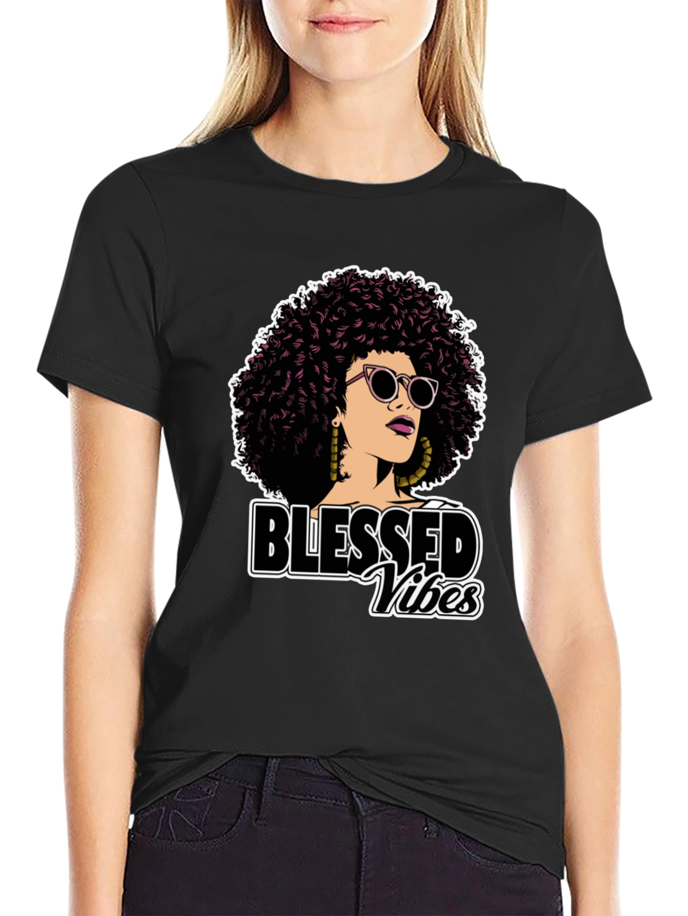 Blessed Vibes Graphic Tee - Stylish Afro Woman Design