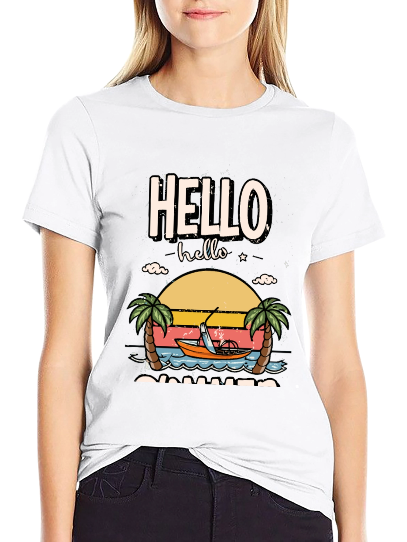 Hello Summer Graphic T-Shirt - Tropical Beach Design