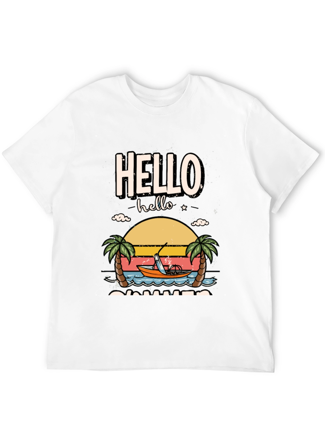 Hello Summer Graphic T-Shirt - Tropical Beach Design