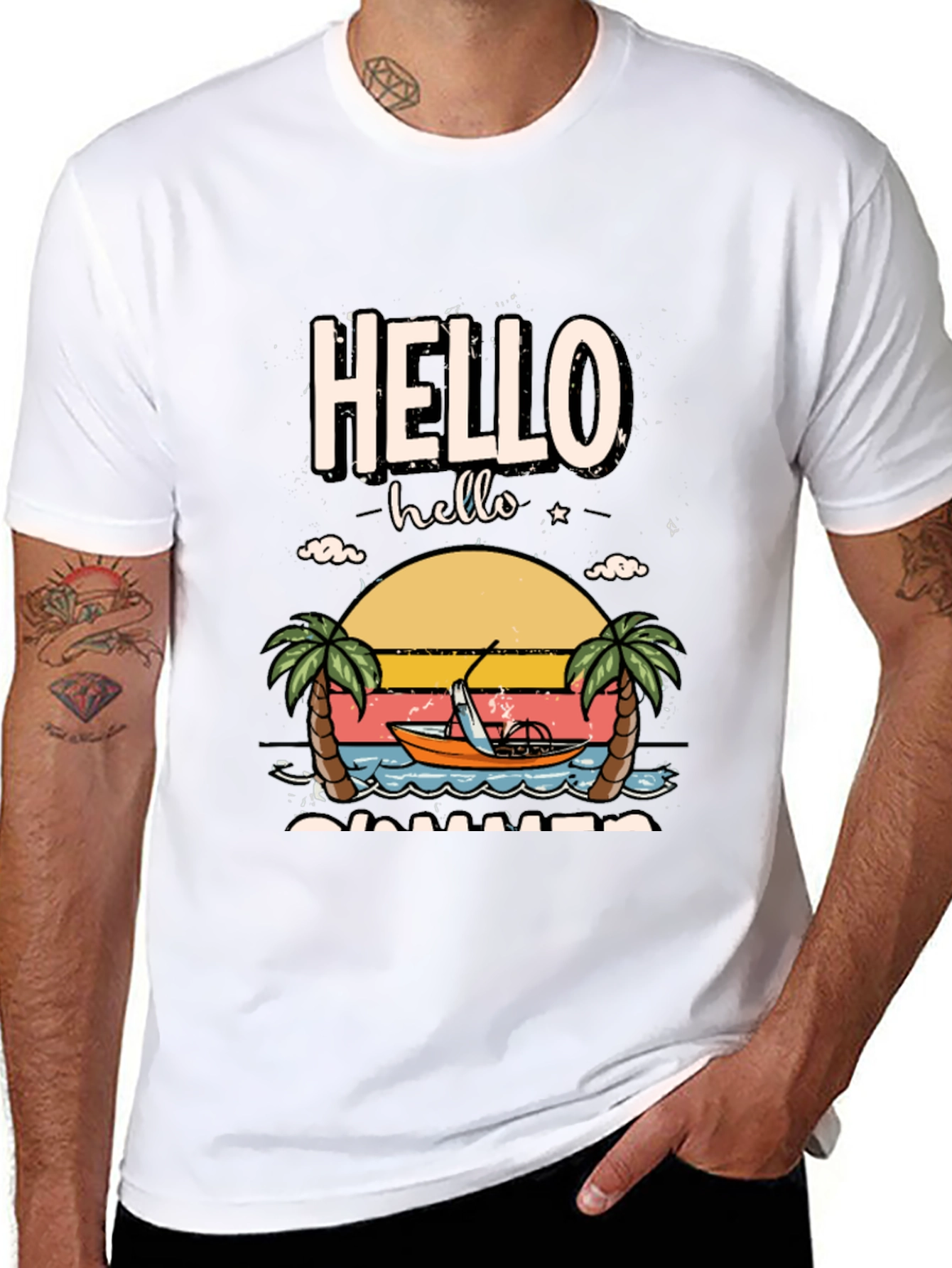 Hello Summer Graphic T-Shirt - Tropical Beach Design