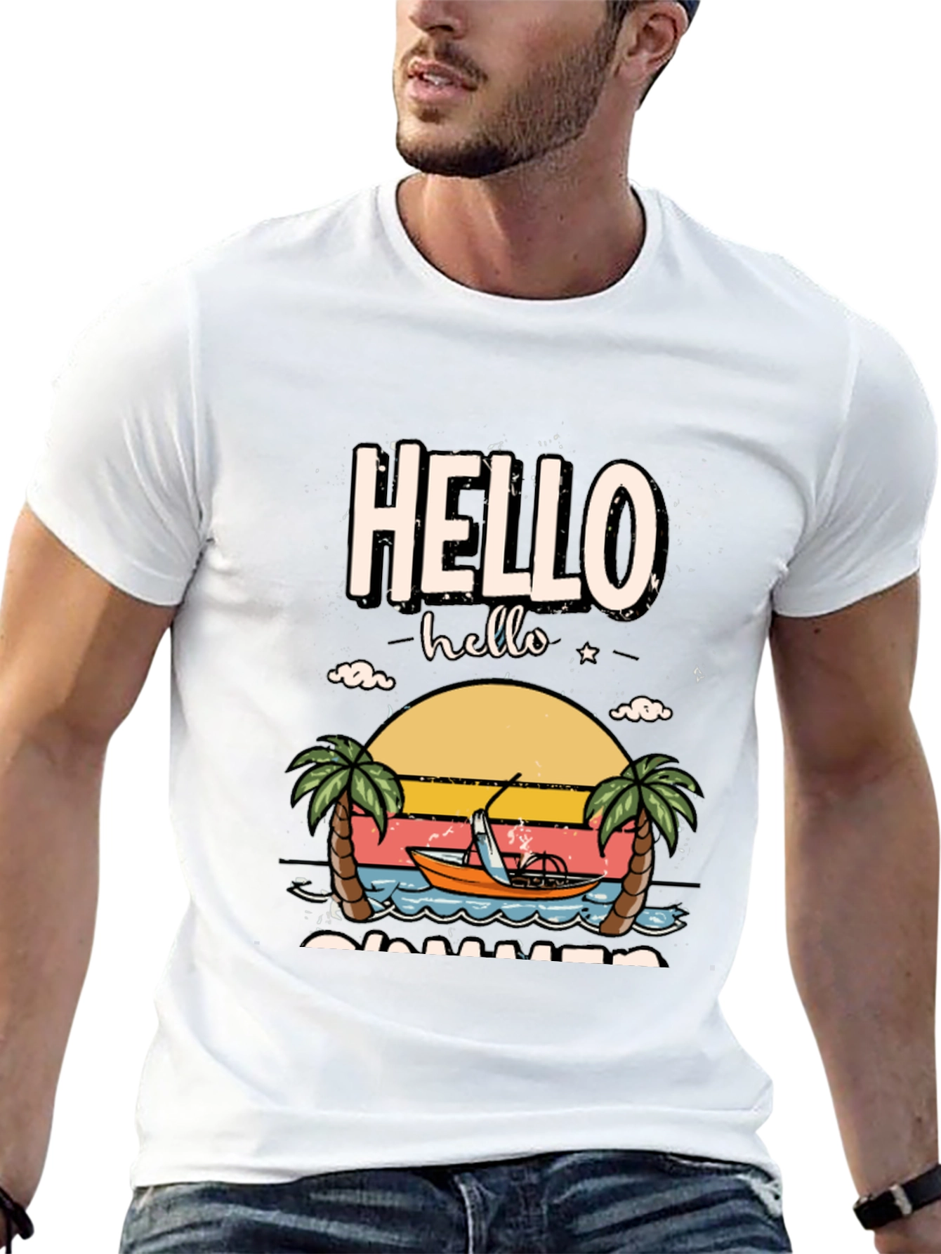 Hello Summer Graphic T-Shirt - Tropical Beach Design