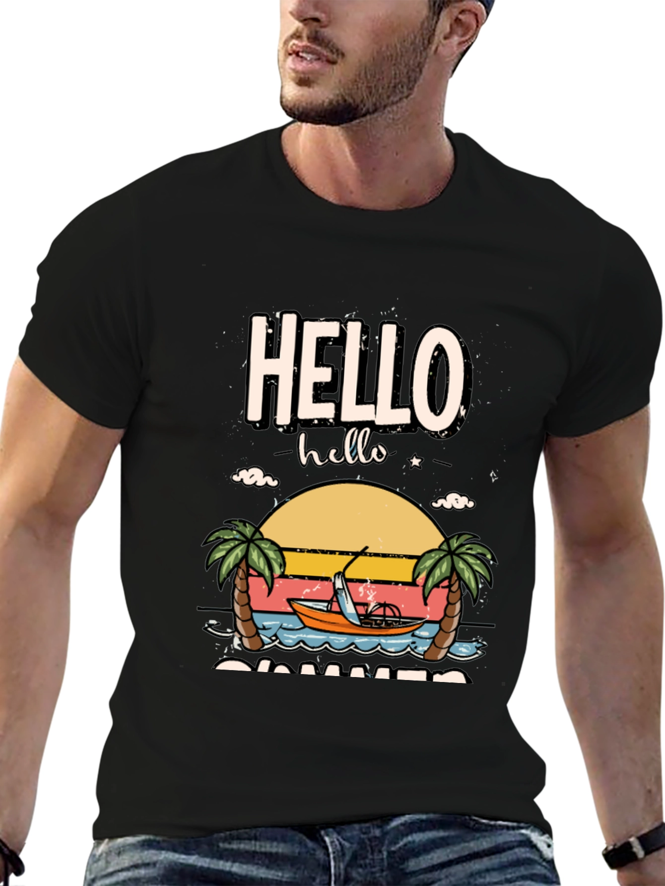 Hello Summer Graphic T-Shirt - Tropical Beach Design