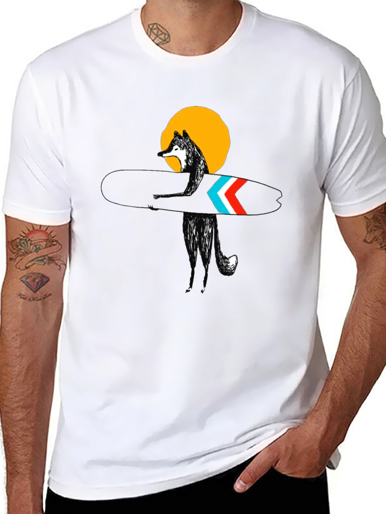 Stylish Black Surf Wolf Graphic Tee