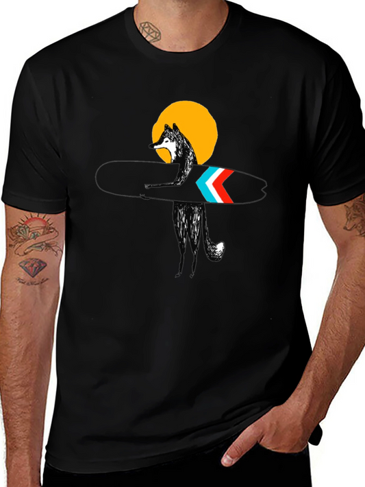 Stylish Black Surf Wolf Graphic Tee