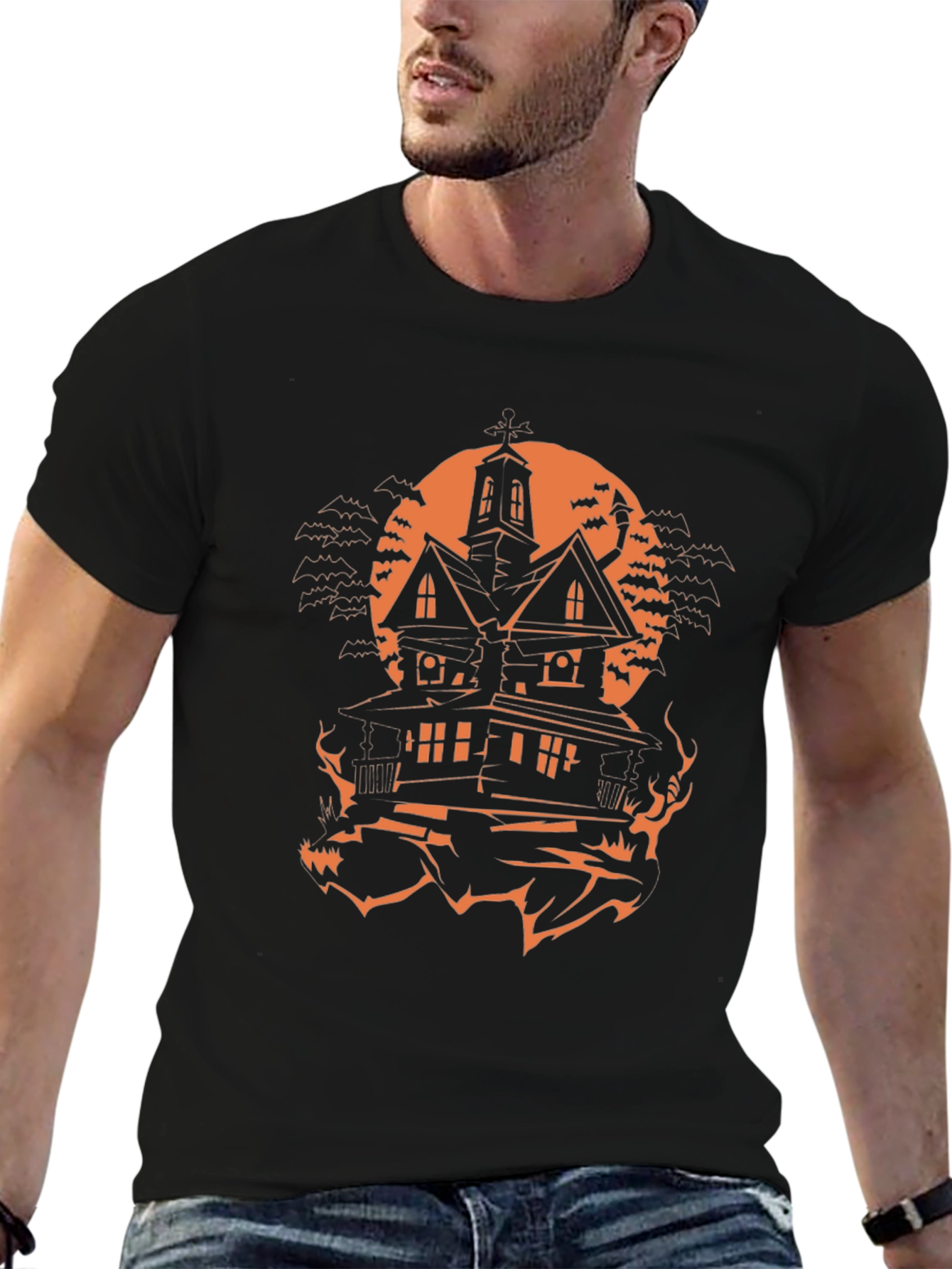 Halloween Haunted House Graphic Tee - Spooky Season Shirt