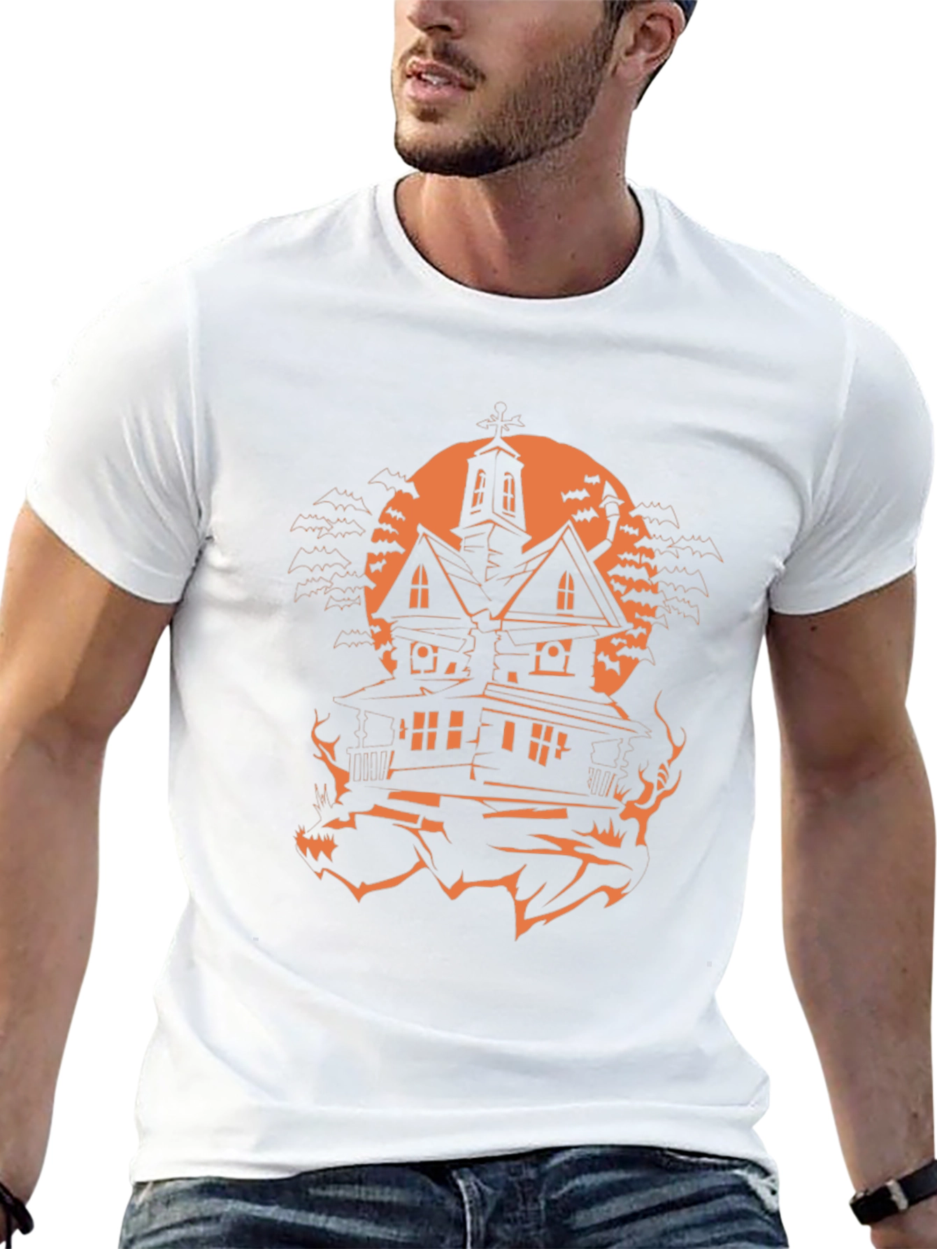 Halloween Haunted House Graphic Tee - Spooky Season Shirt