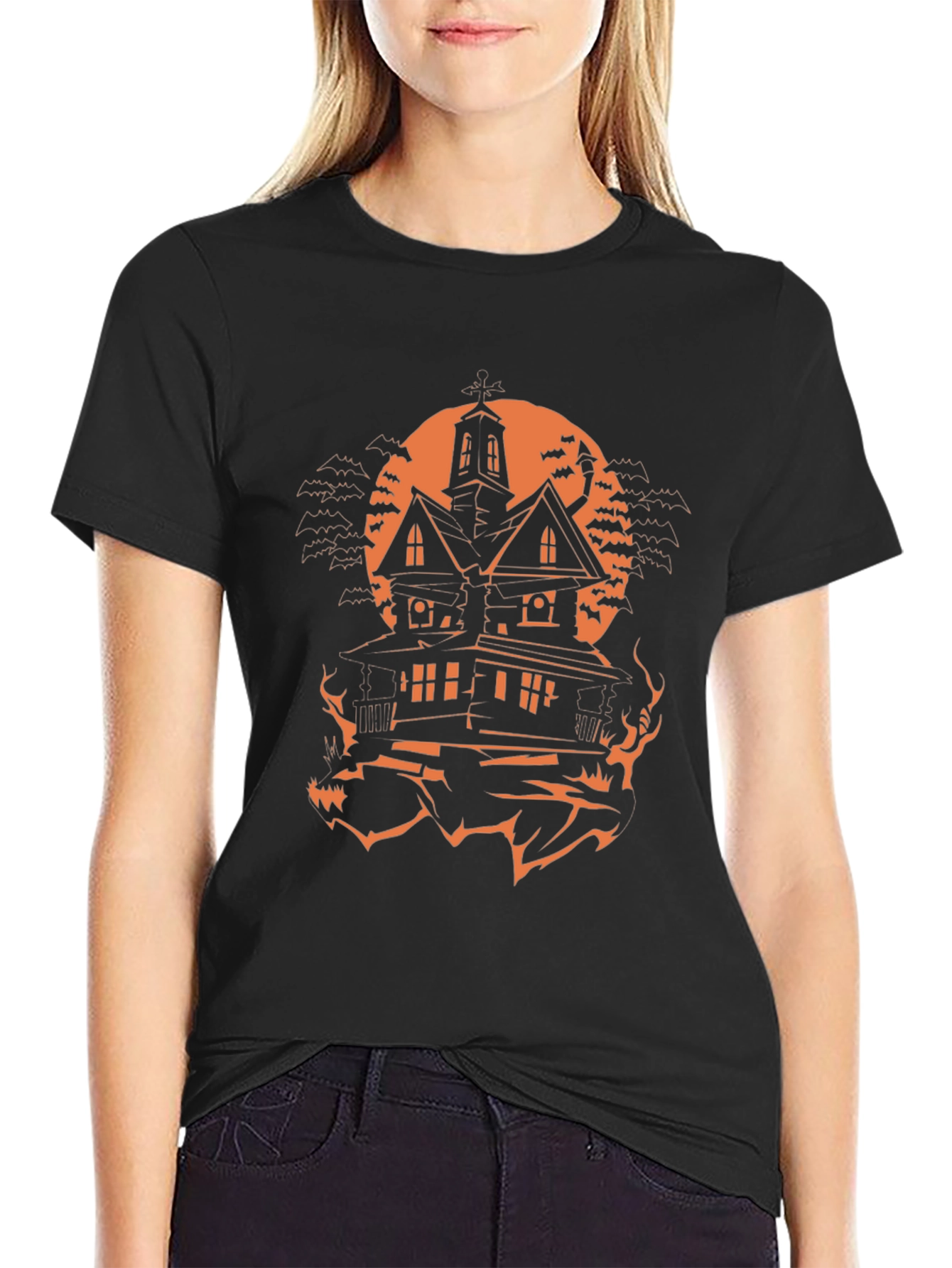 Halloween Haunted House Graphic Tee - Spooky Season Shirt
