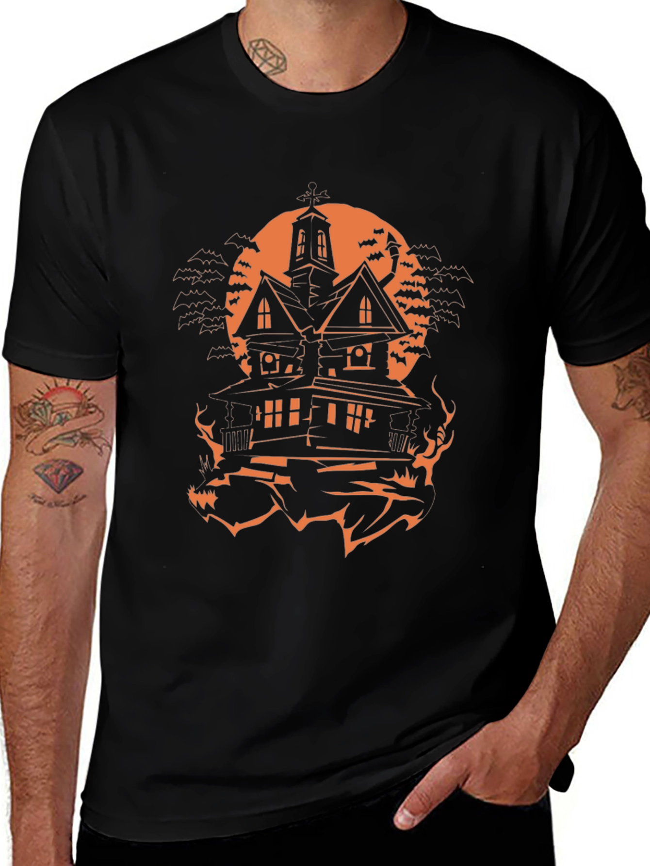 Halloween Haunted House Graphic Tee - Spooky Season Shirt
