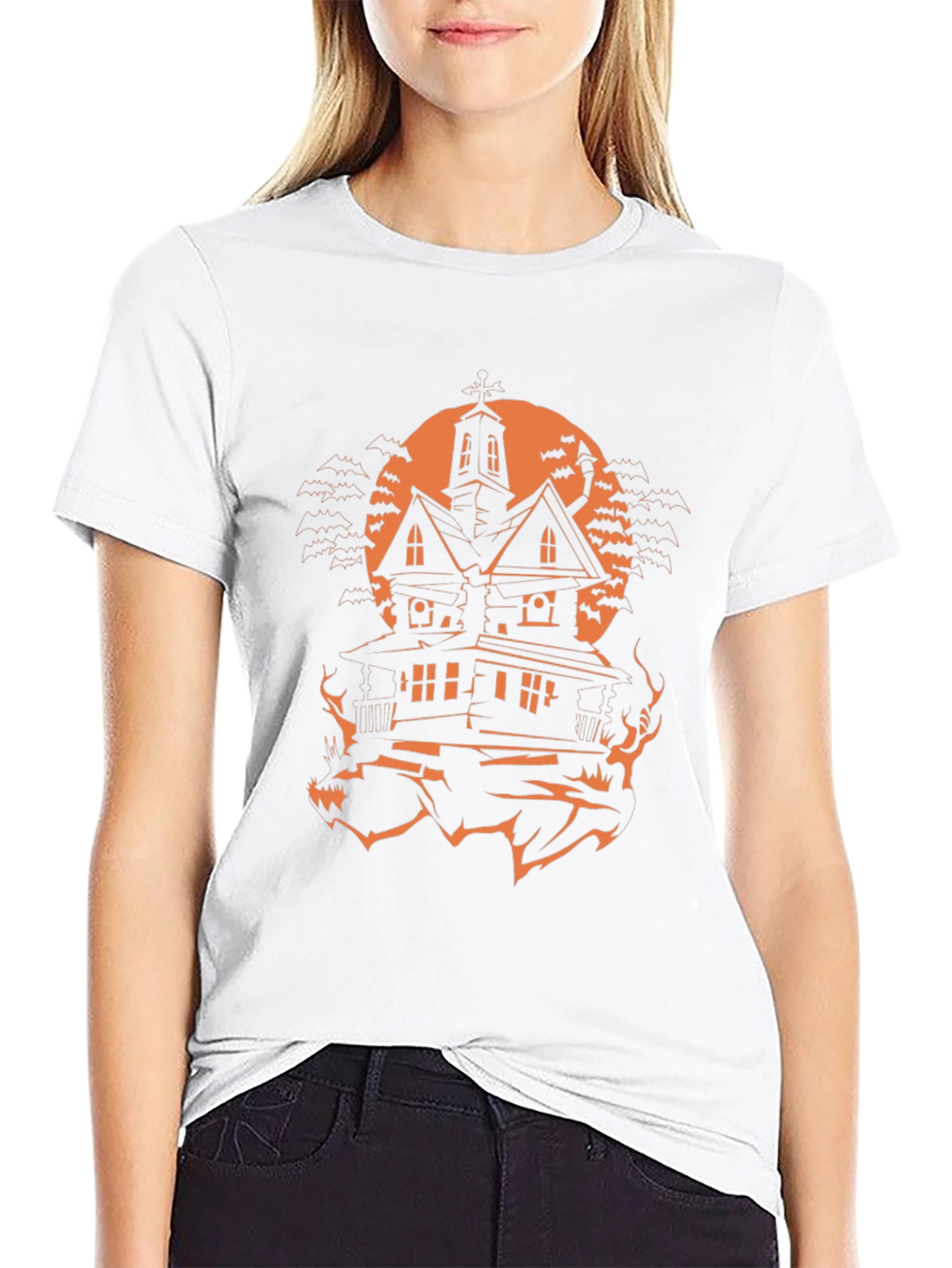 Halloween Haunted House Graphic Tee - Spooky Season Shirt