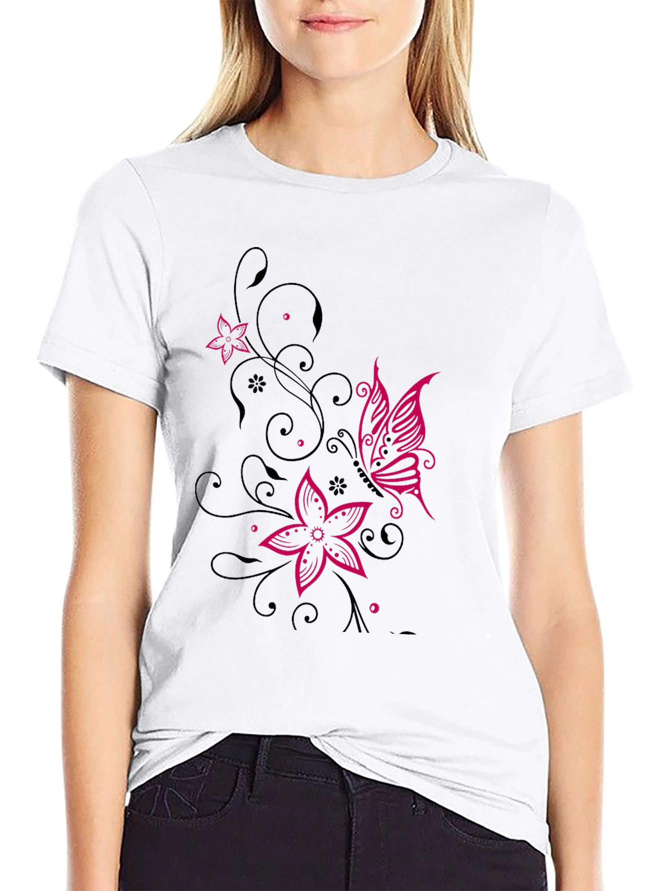 Floral Butterfly Graphic Black T-Shirt