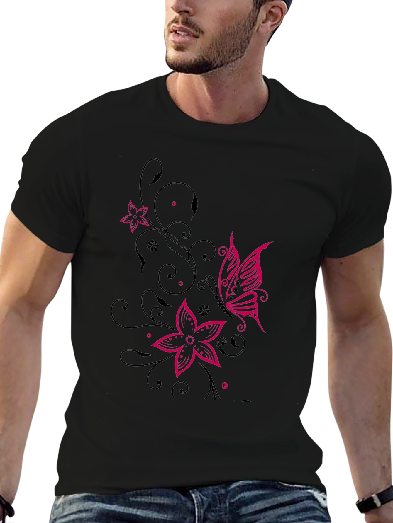 Floral Butterfly Graphic Black T-Shirt