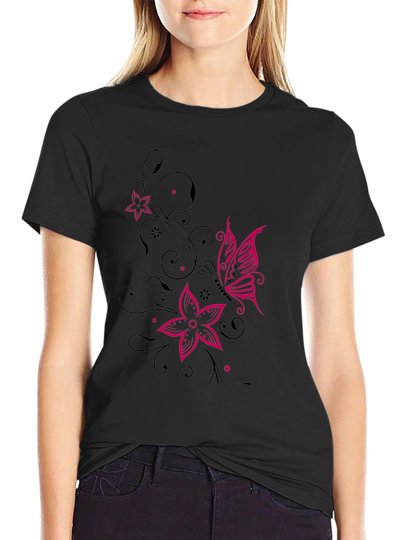 Floral Butterfly Graphic Black T-Shirt
