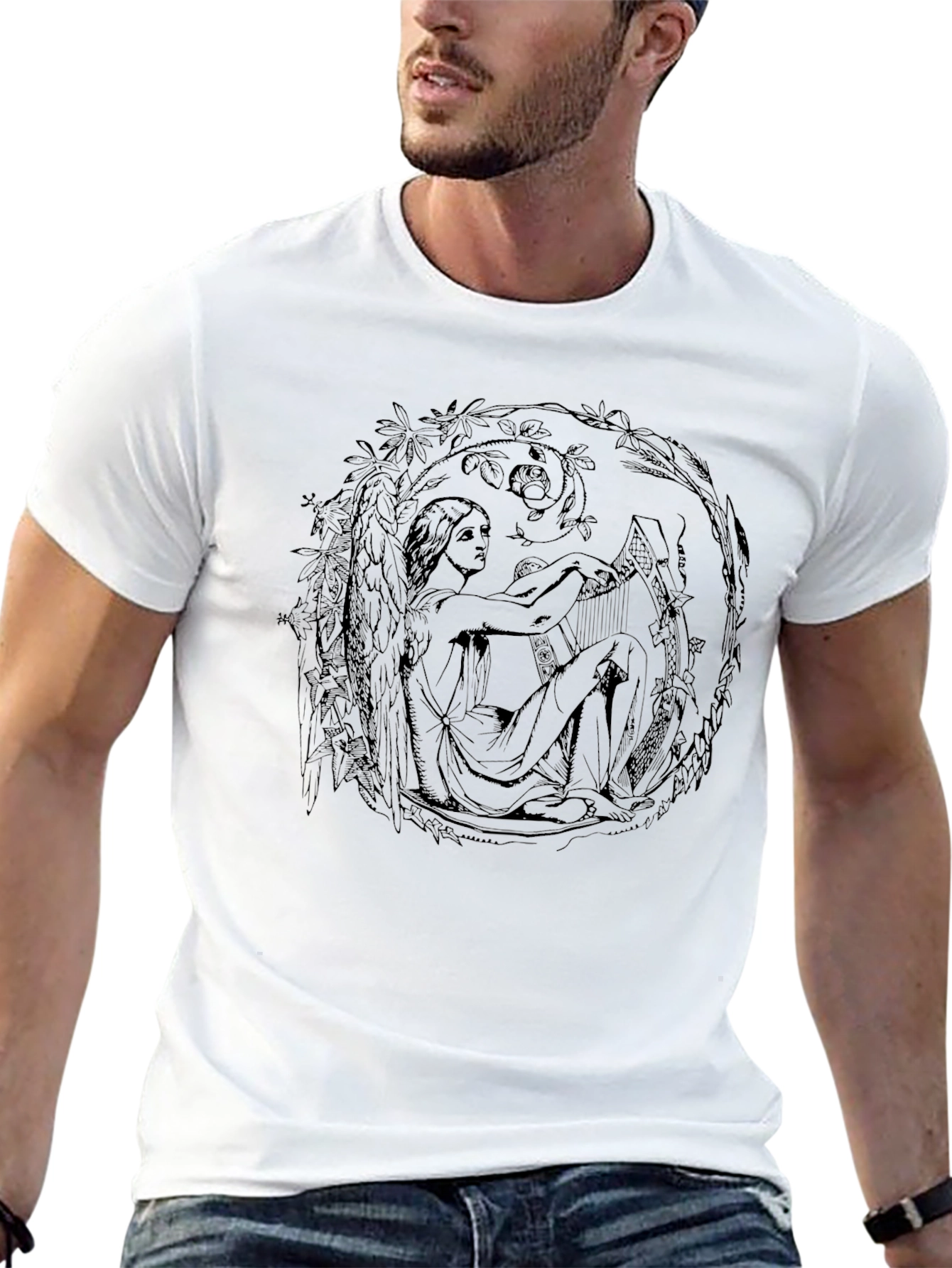 Art Nouveau Harpist Black T-Shirt