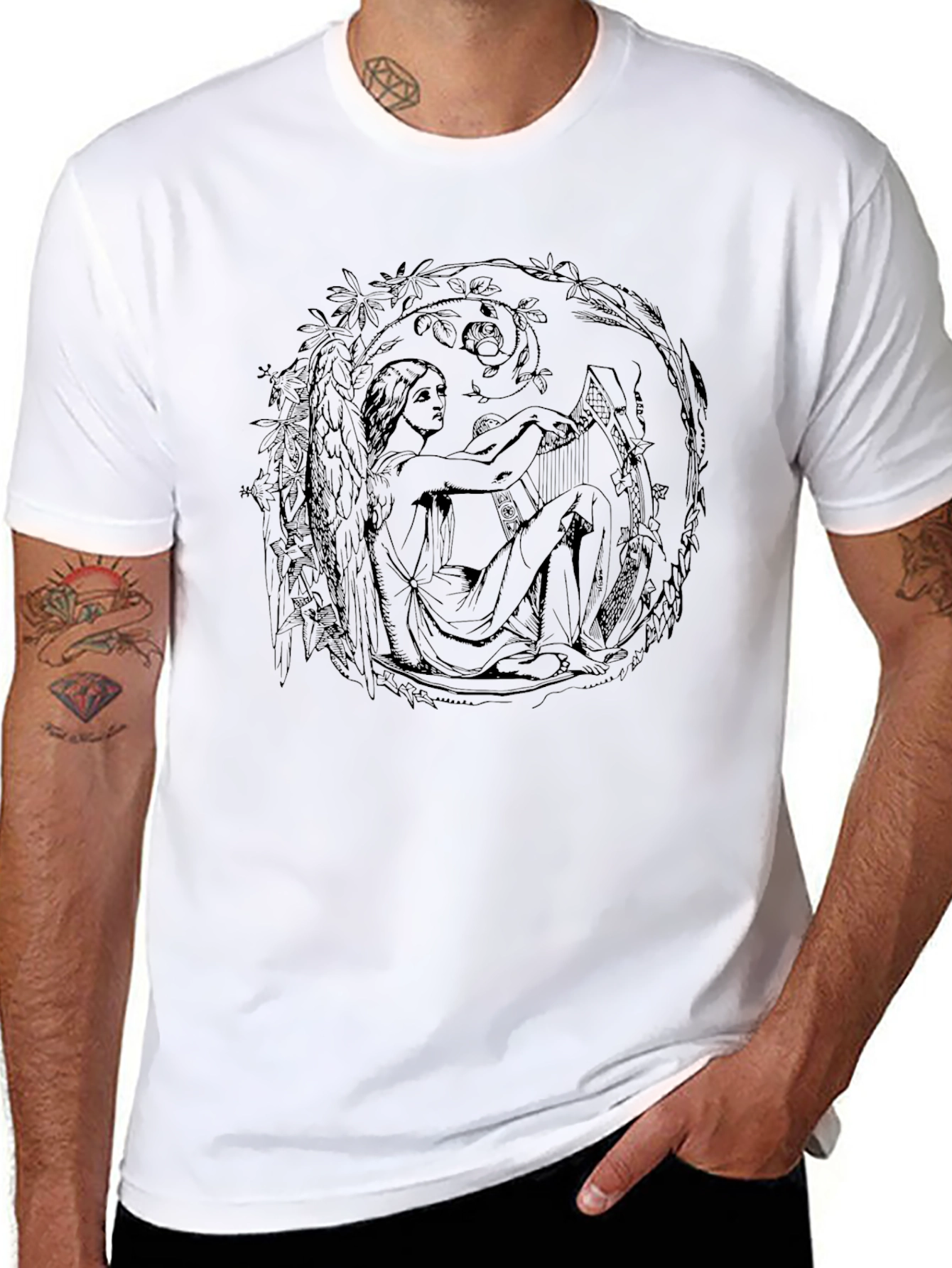 Art Nouveau Harpist Black T-Shirt