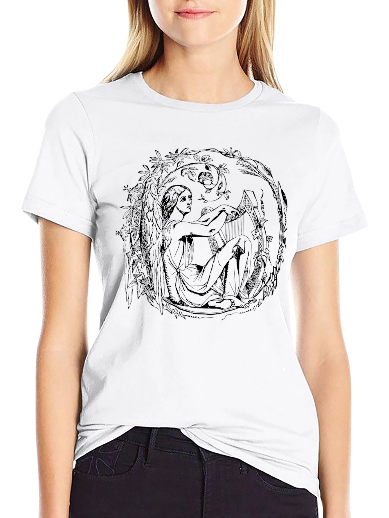 Art Nouveau Harpist Black T-Shirt