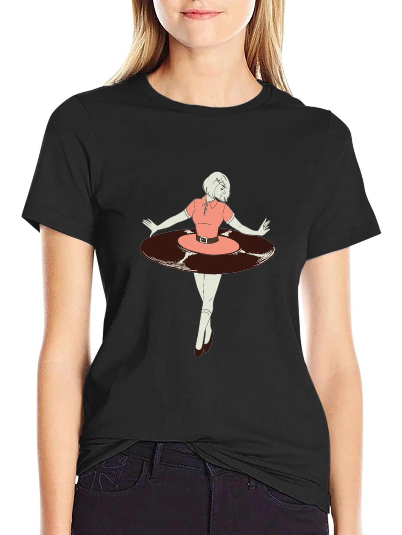 Retro Vinyl Girl Graphic T-Shirt - Black