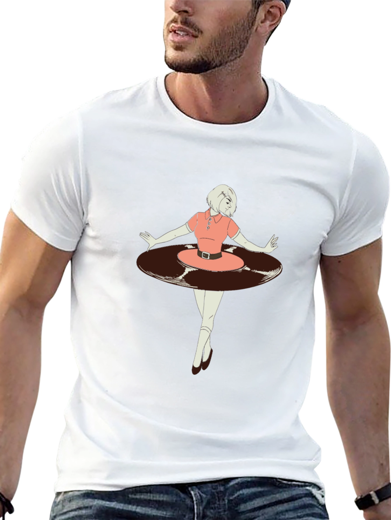 Retro Vinyl Girl Graphic T-Shirt - Black