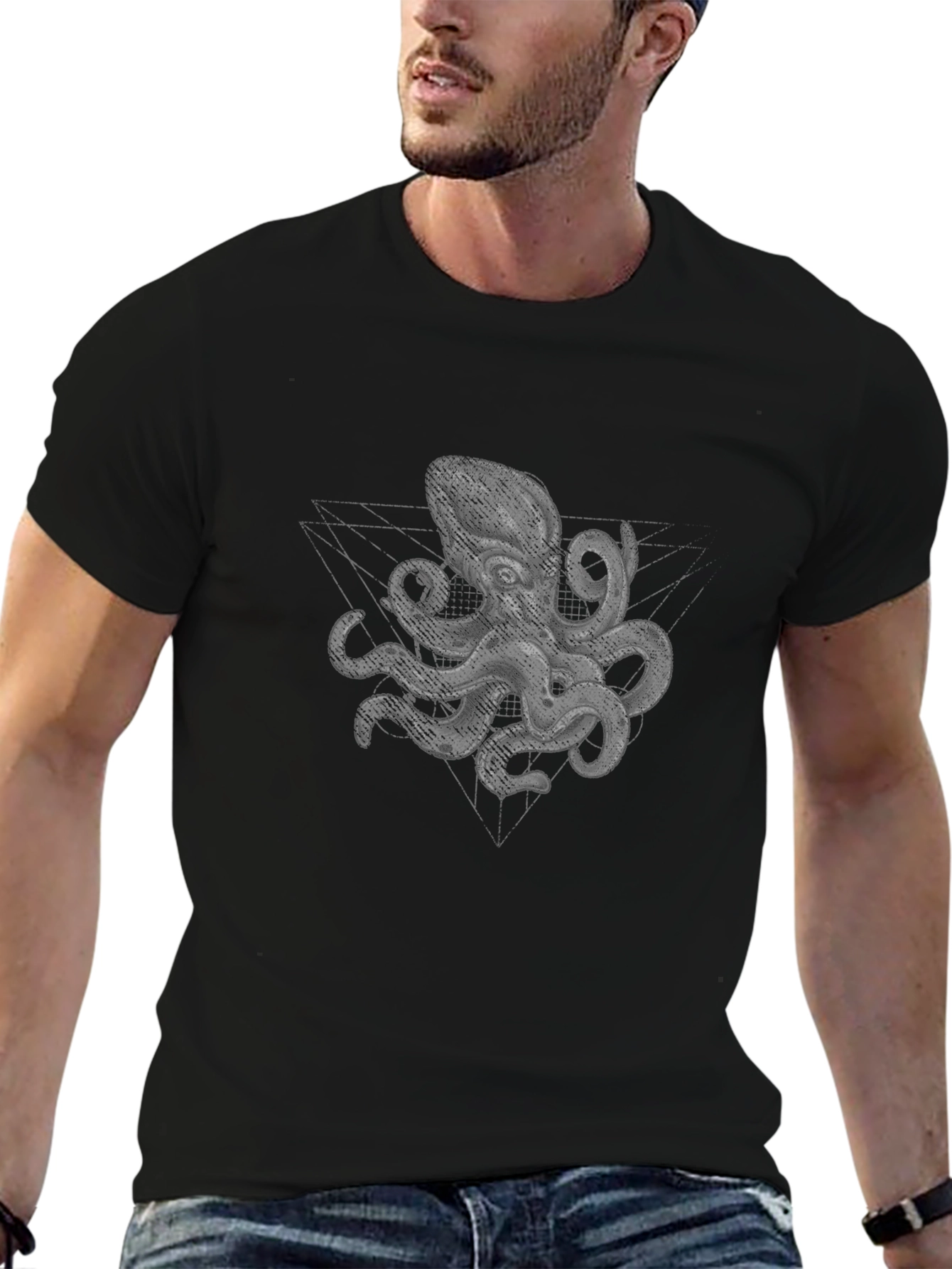 Geometric Octopus Print Black T-Shirt