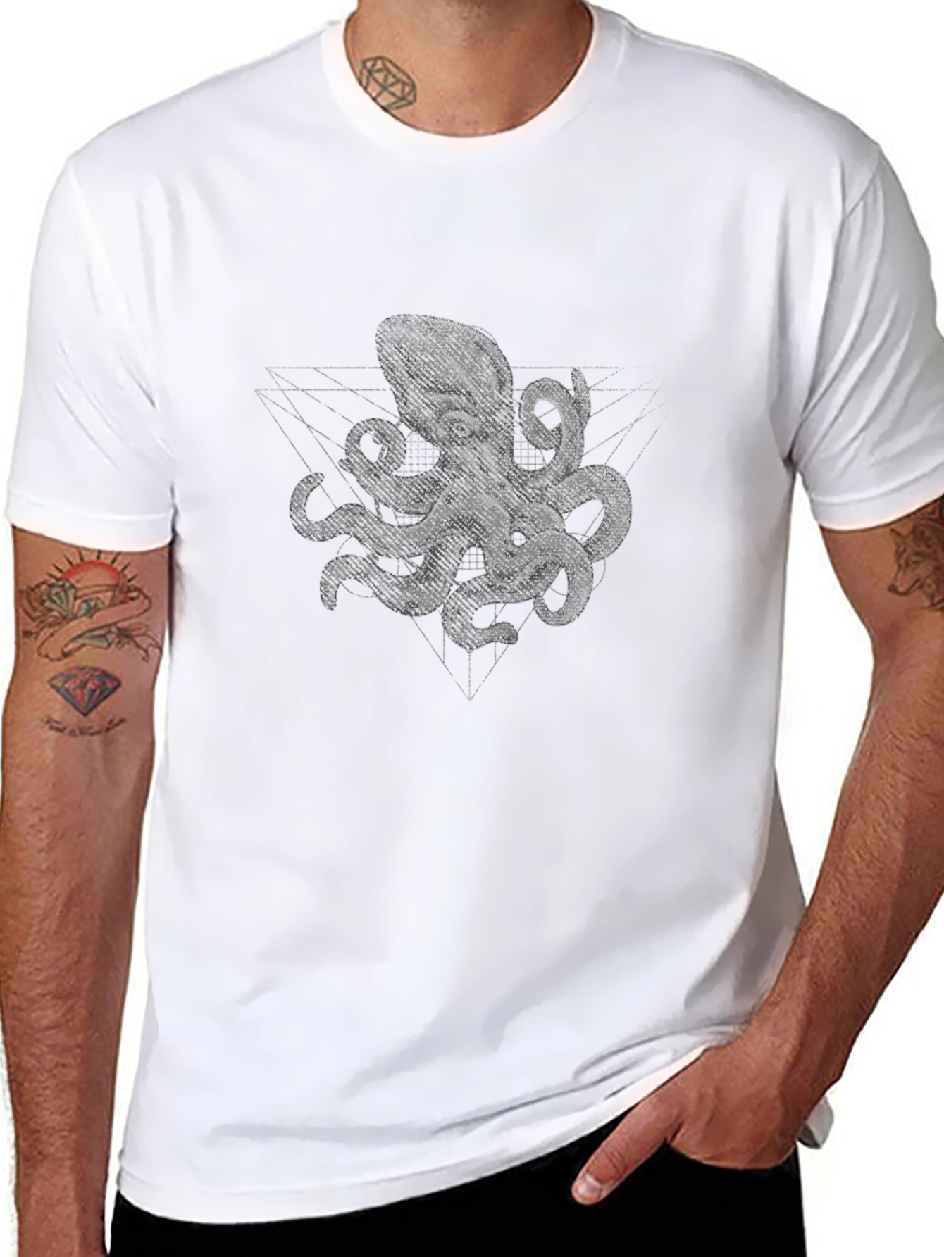 Geometric Octopus Print Black T-Shirt
