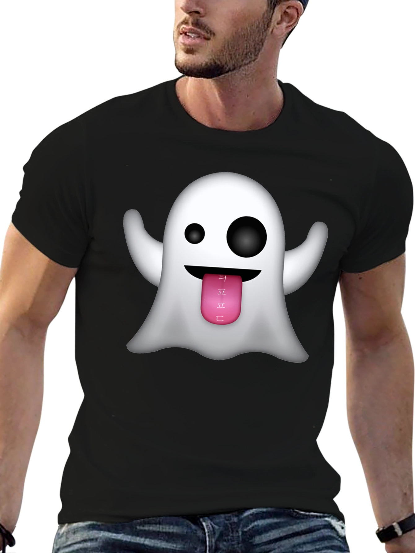Ghost Emoji Graphic Tee - Black Crew Neck