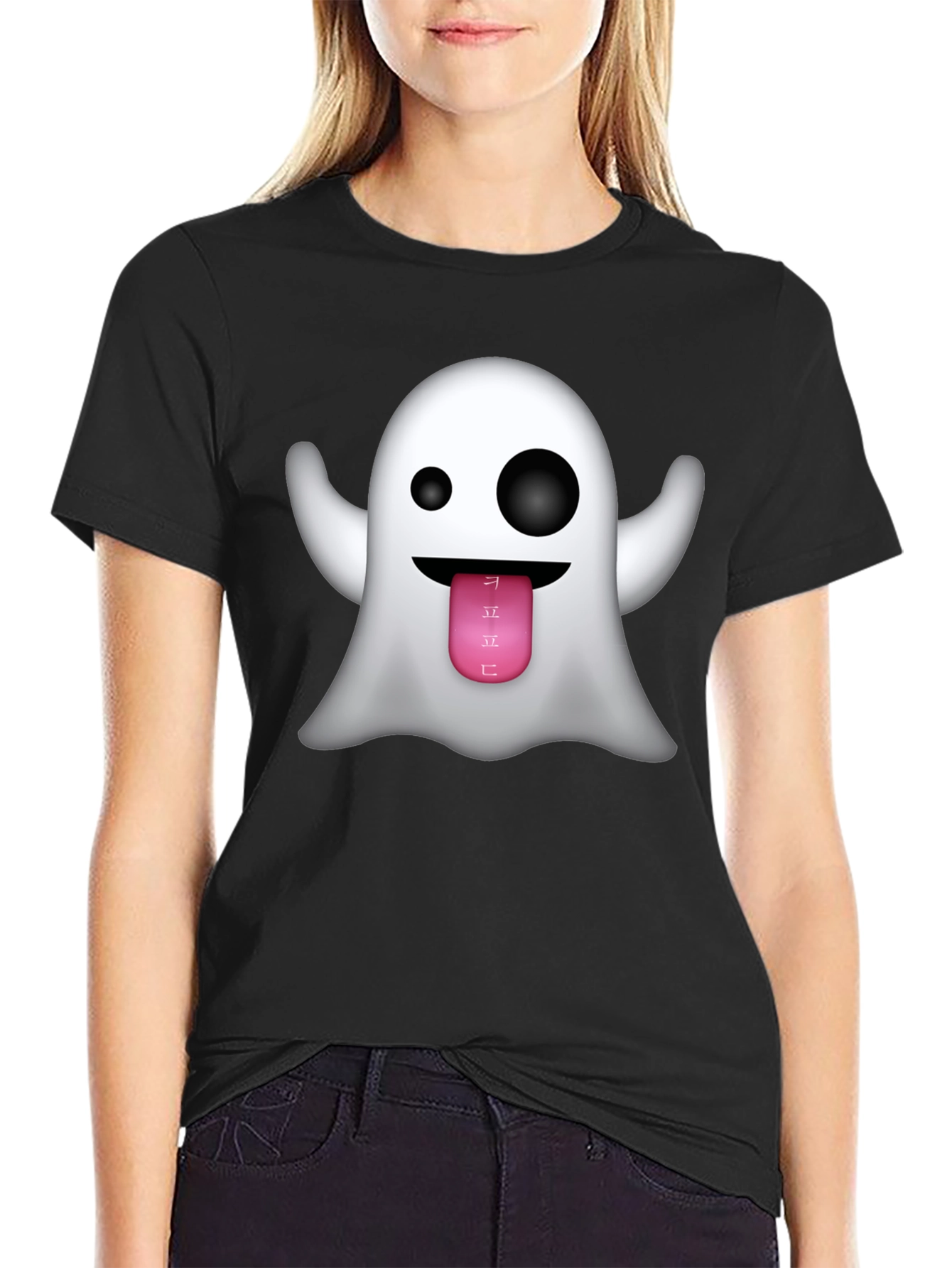 Ghost Emoji Graphic Tee - Black Crew Neck