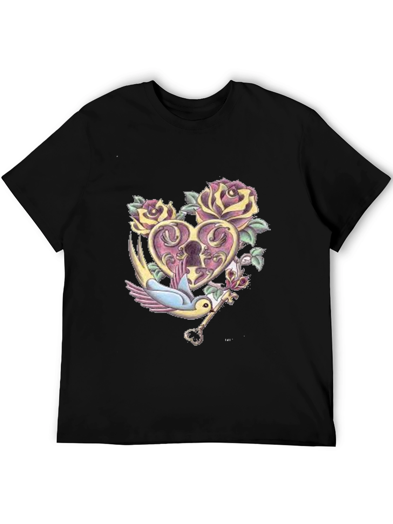 Romantic Heart Lock & Key Graphic Tee - Black