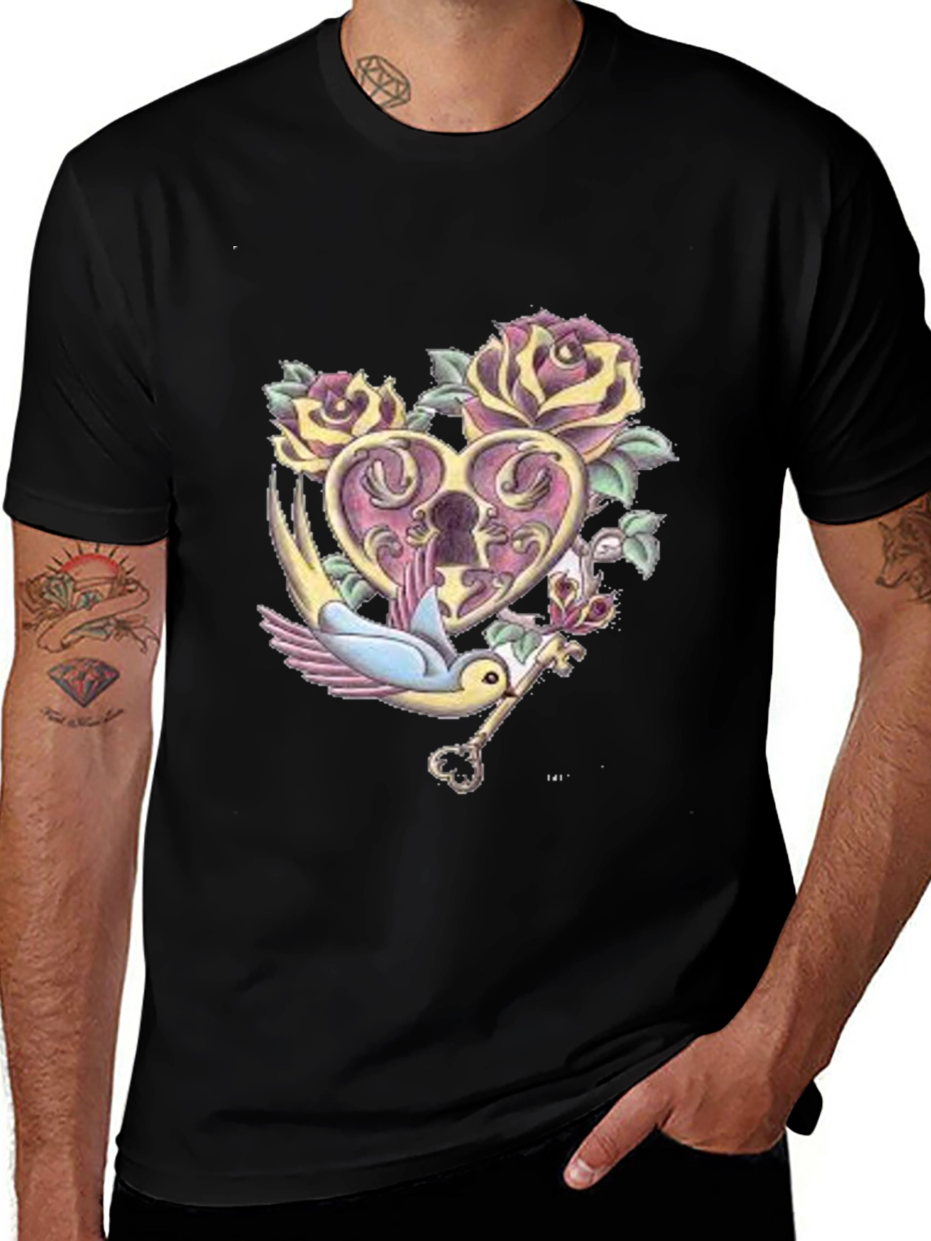 Romantic Heart Lock & Key Graphic Tee - Black