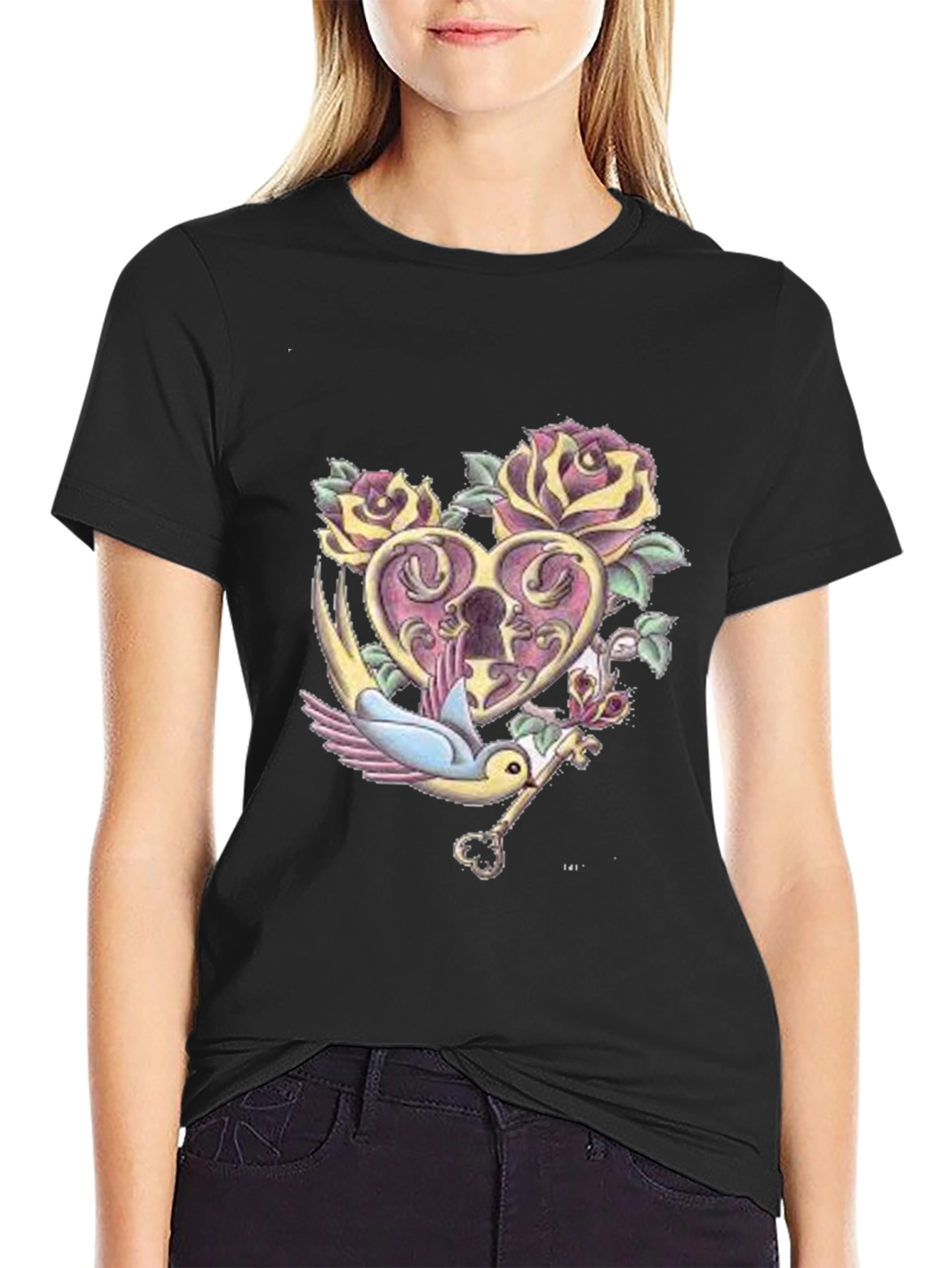 Romantic Heart Lock & Key Graphic Tee - Black