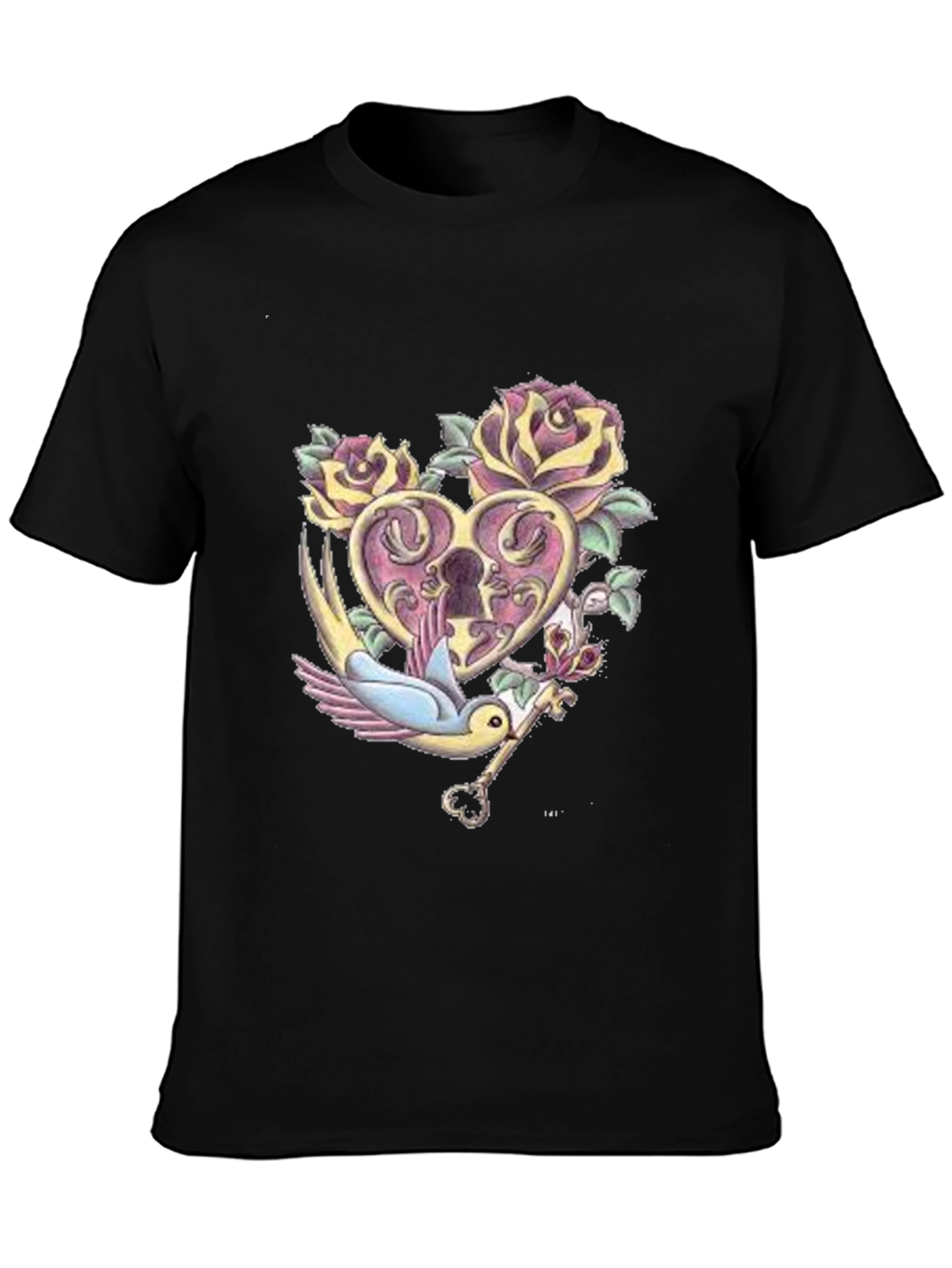 Romantic Heart Lock & Key Graphic Tee - Black