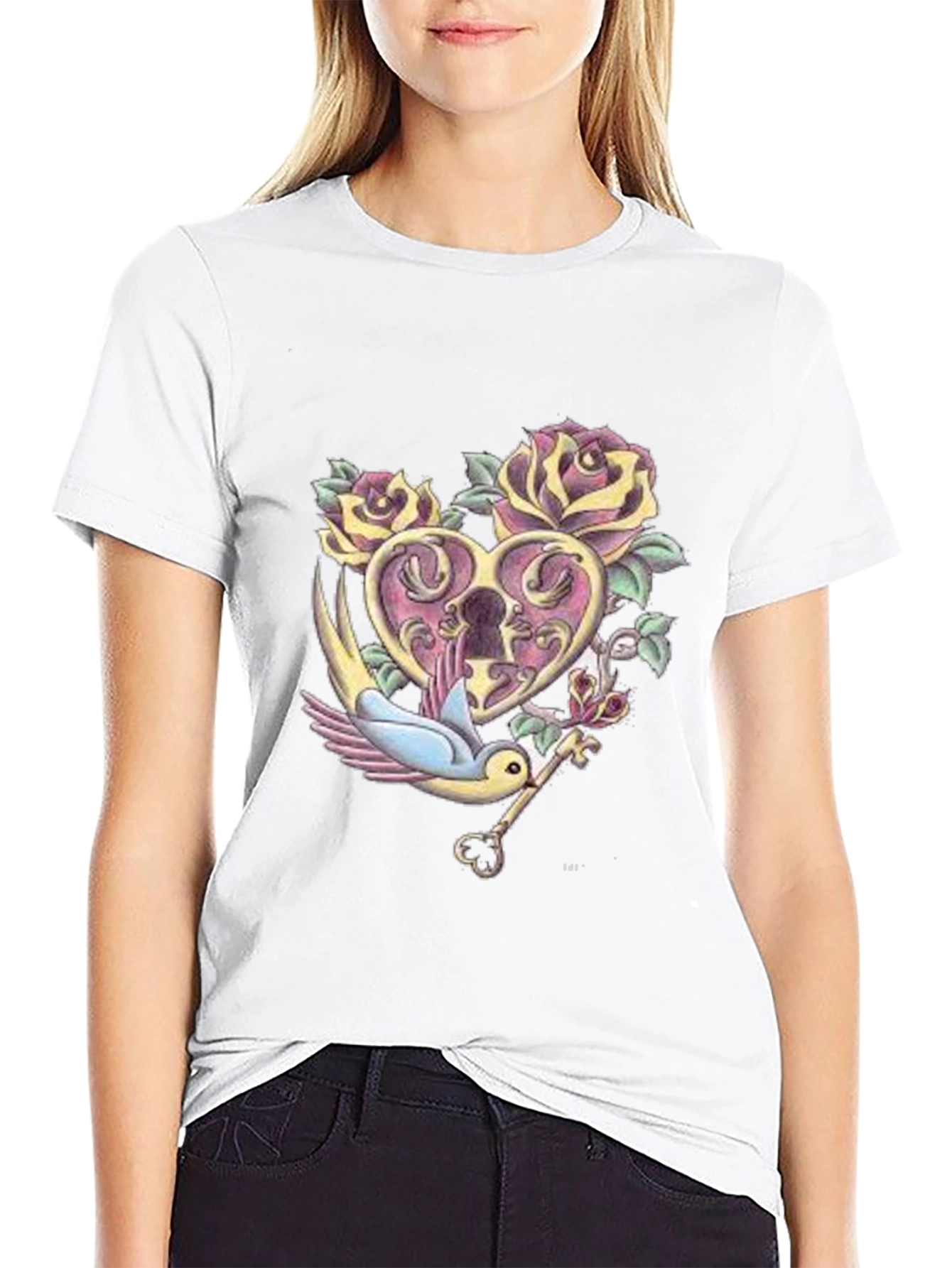 Romantic Heart Lock & Key Graphic Tee - Black