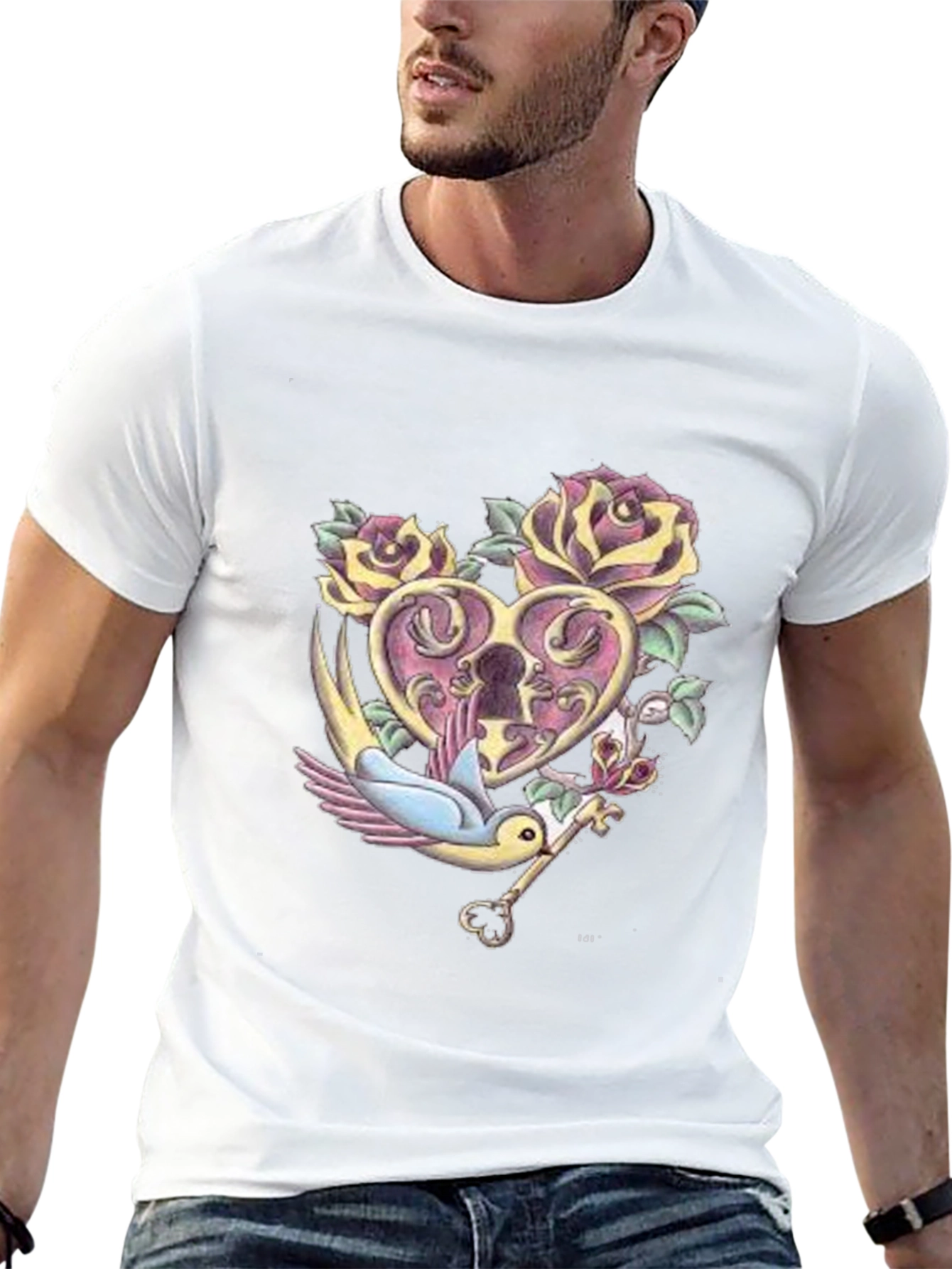 Romantic Heart Lock & Key Graphic Tee - Black