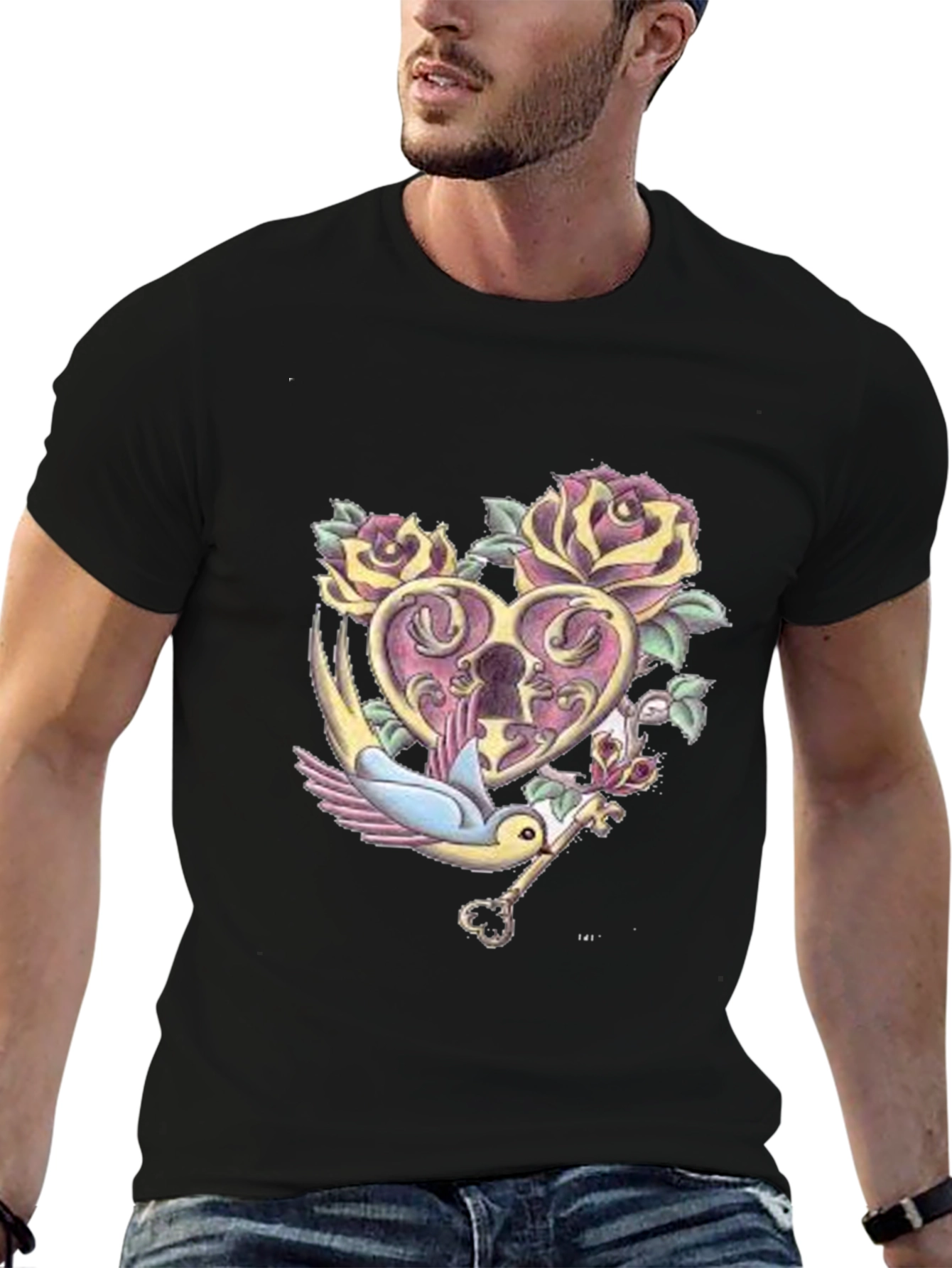 Romantic Heart Lock & Key Graphic Tee - Black