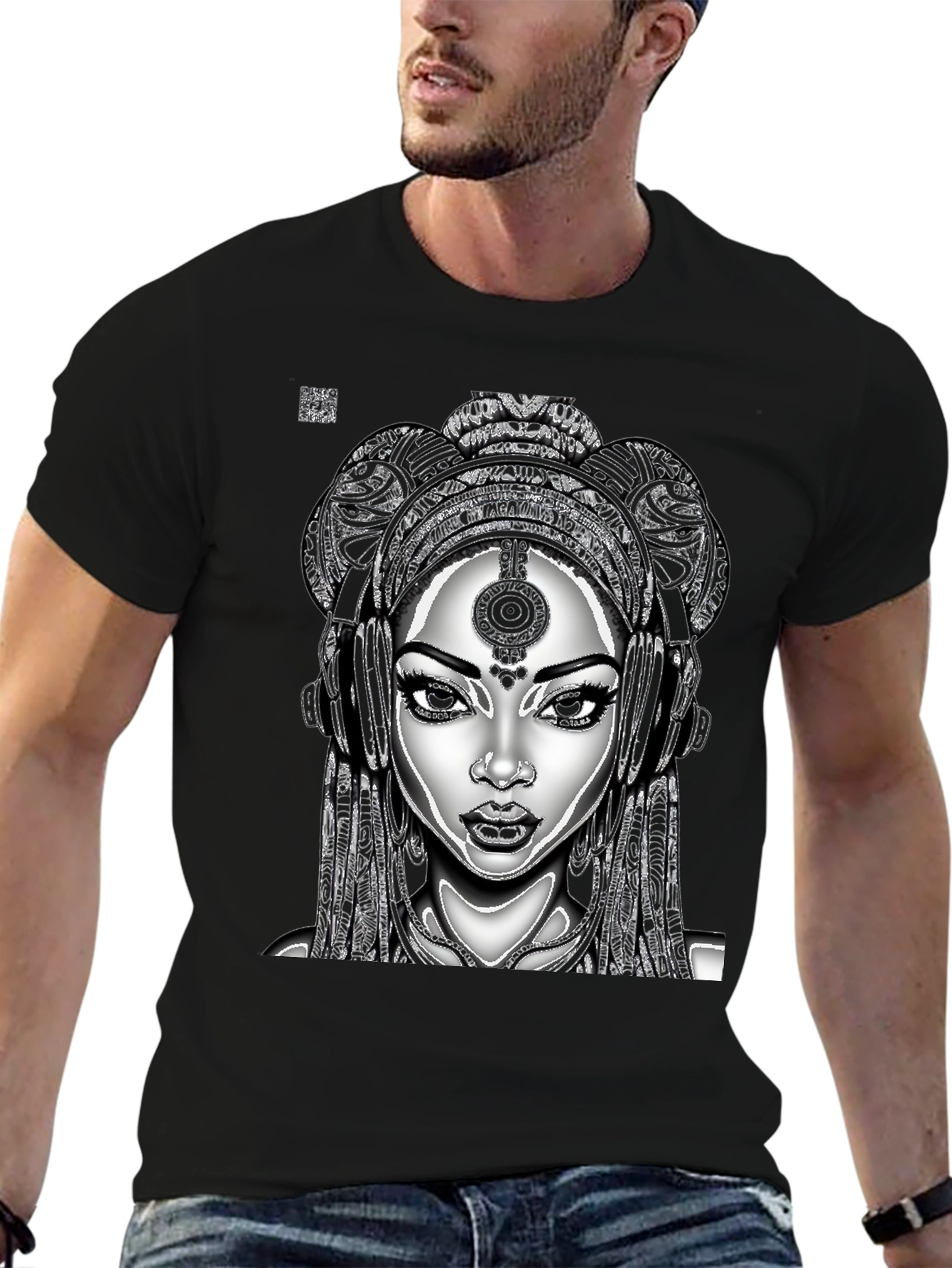 Black T-Shirt with Graphic Woman Design