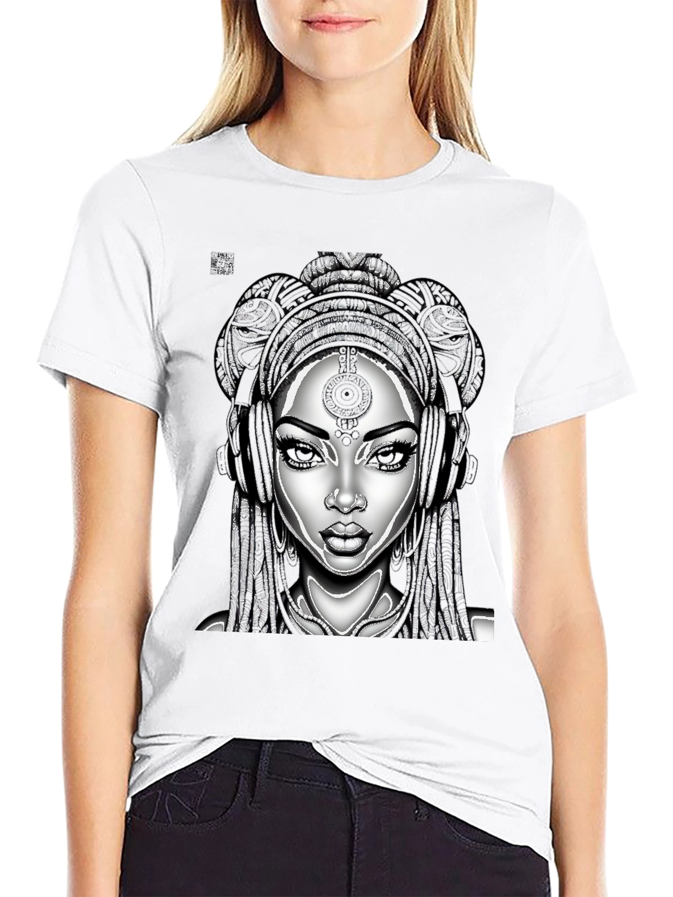 Black T-Shirt with Graphic Woman Design