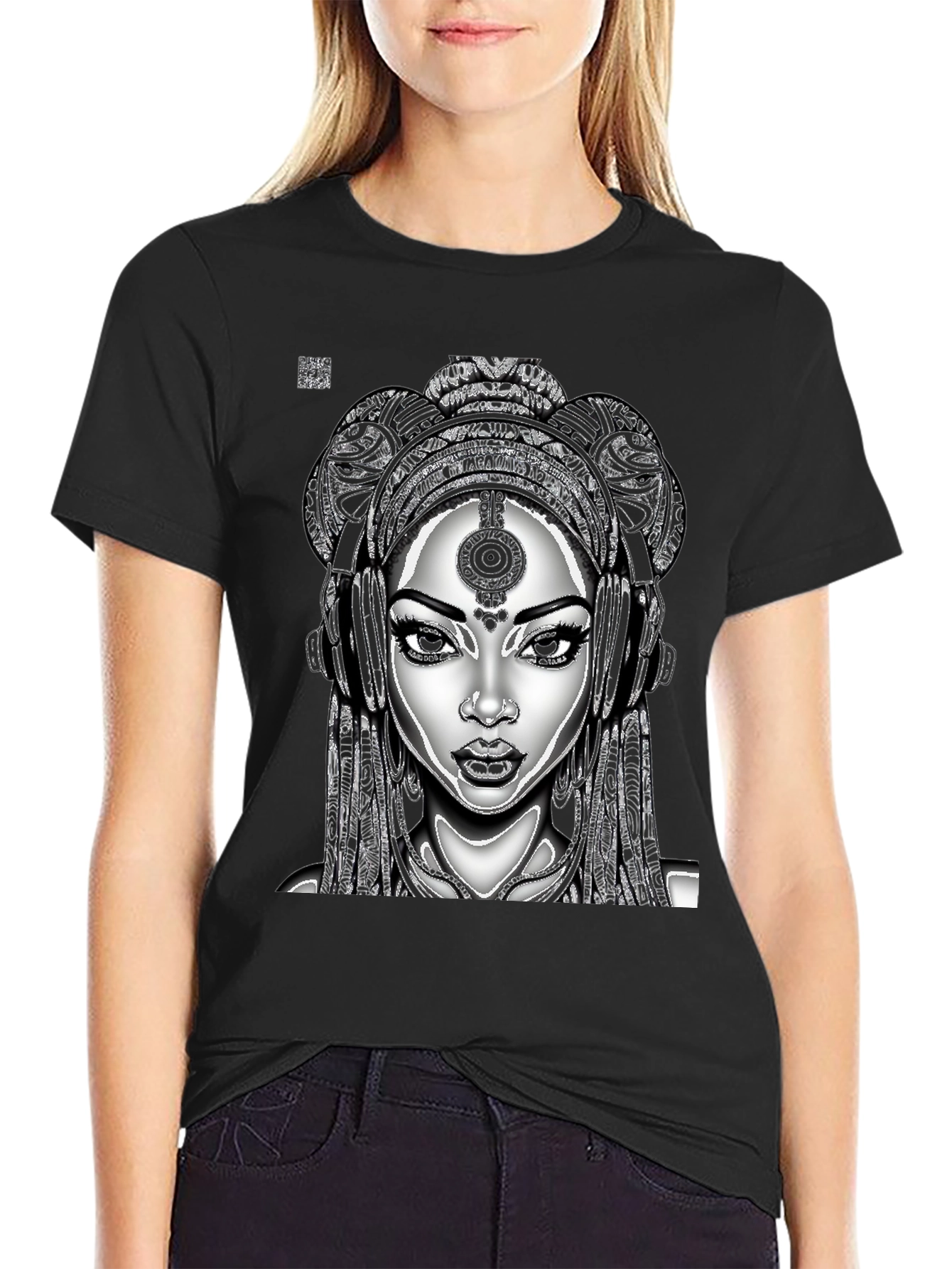 Black T-Shirt with Graphic Woman Design