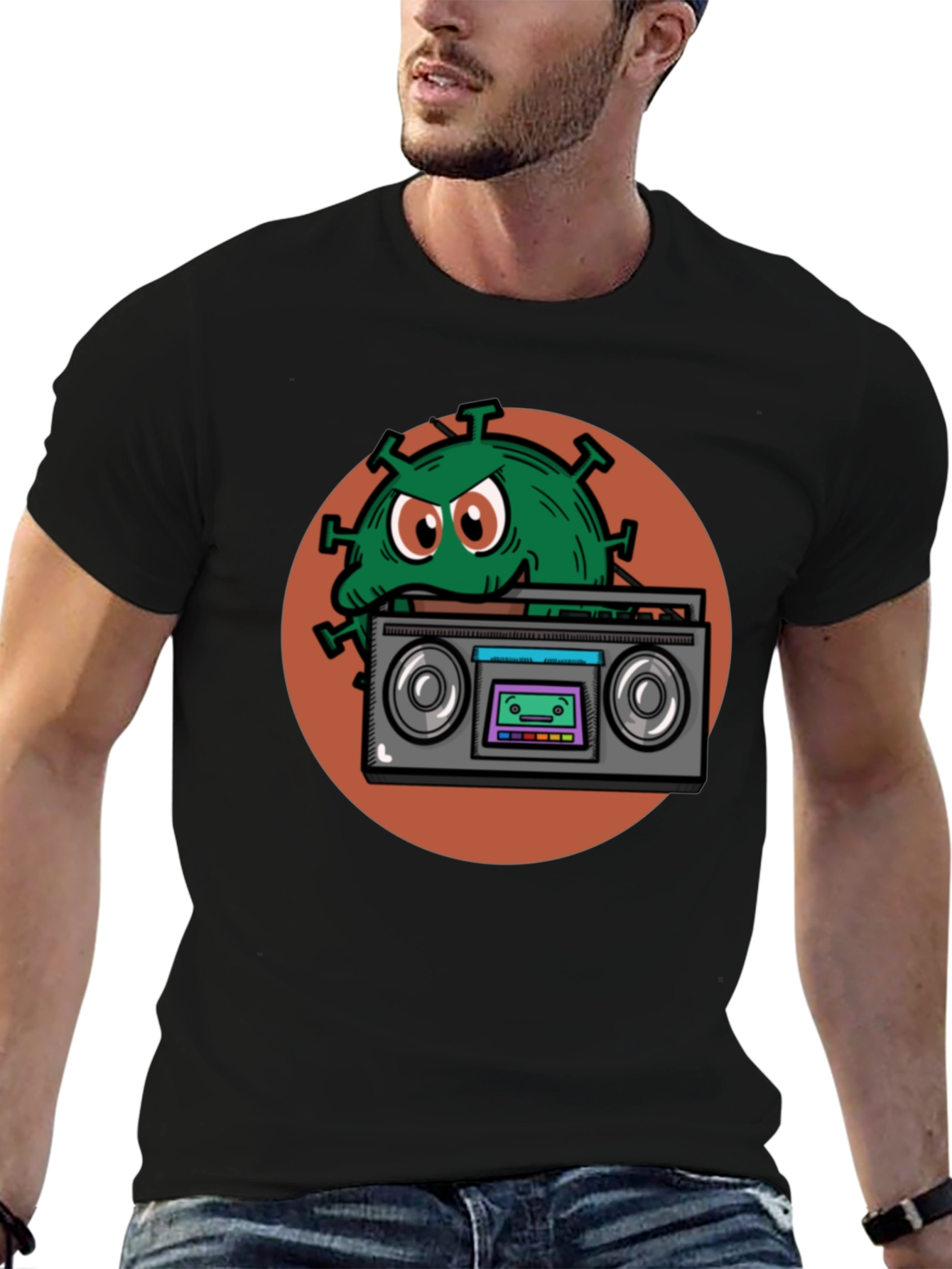 Boombox Virus Graphic Tee - Novelty Black T-Shirt