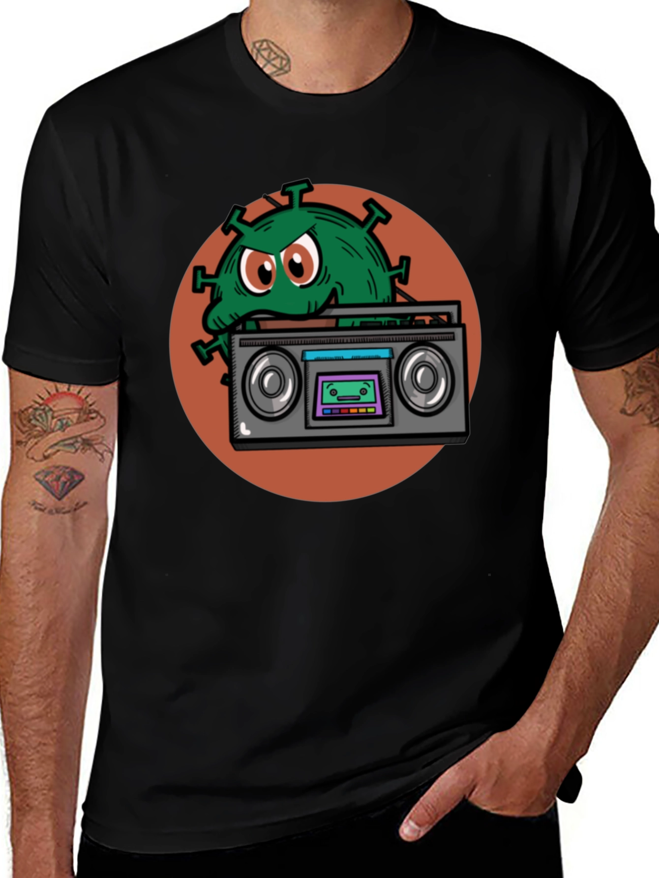 Boombox Virus Graphic Tee - Novelty Black T-Shirt