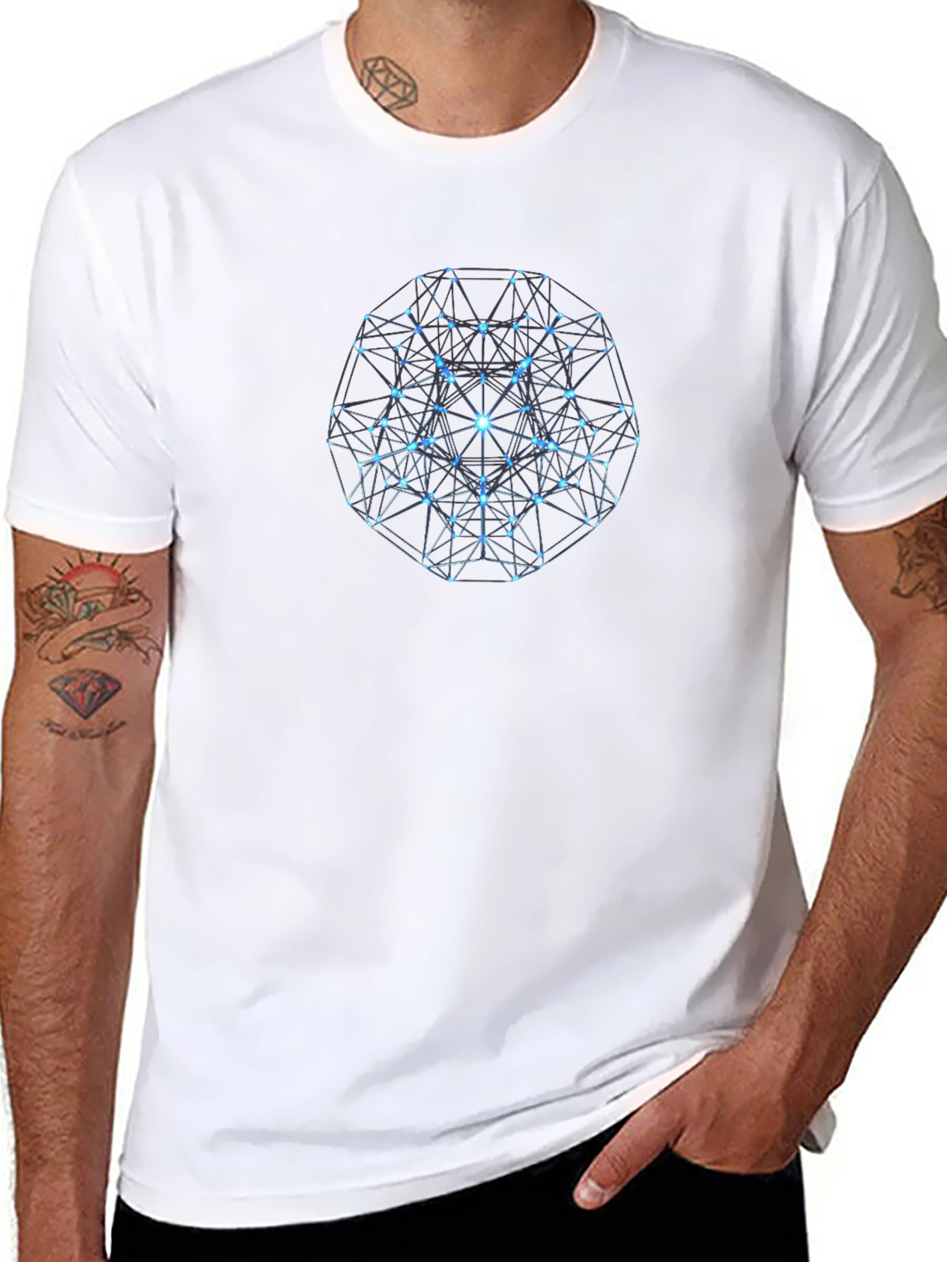 Geometric Blue Orb Graphic Print Black T-Shirt