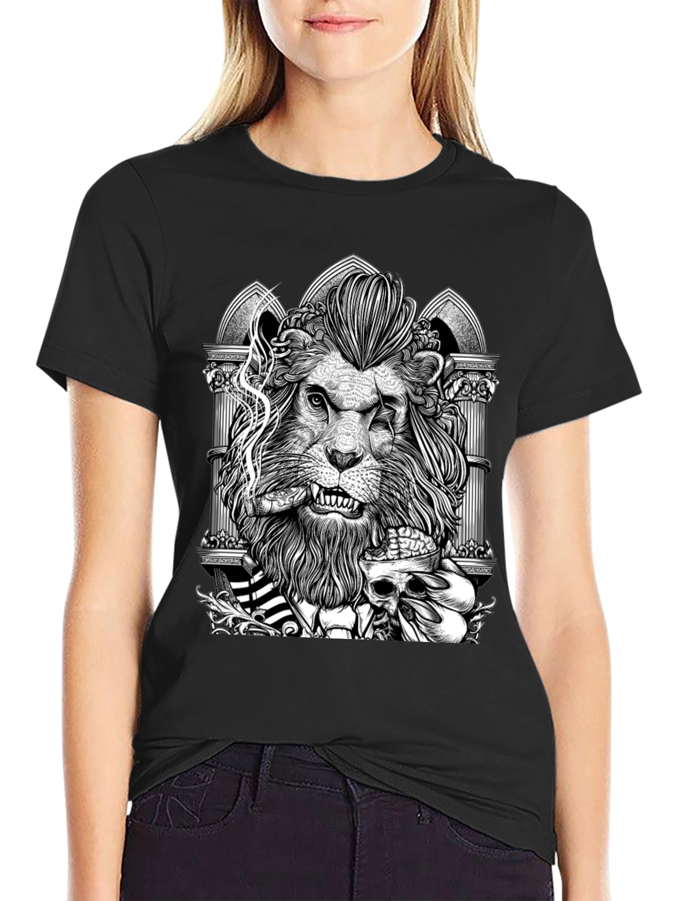 Lion with Skull Graphic Tee - Black