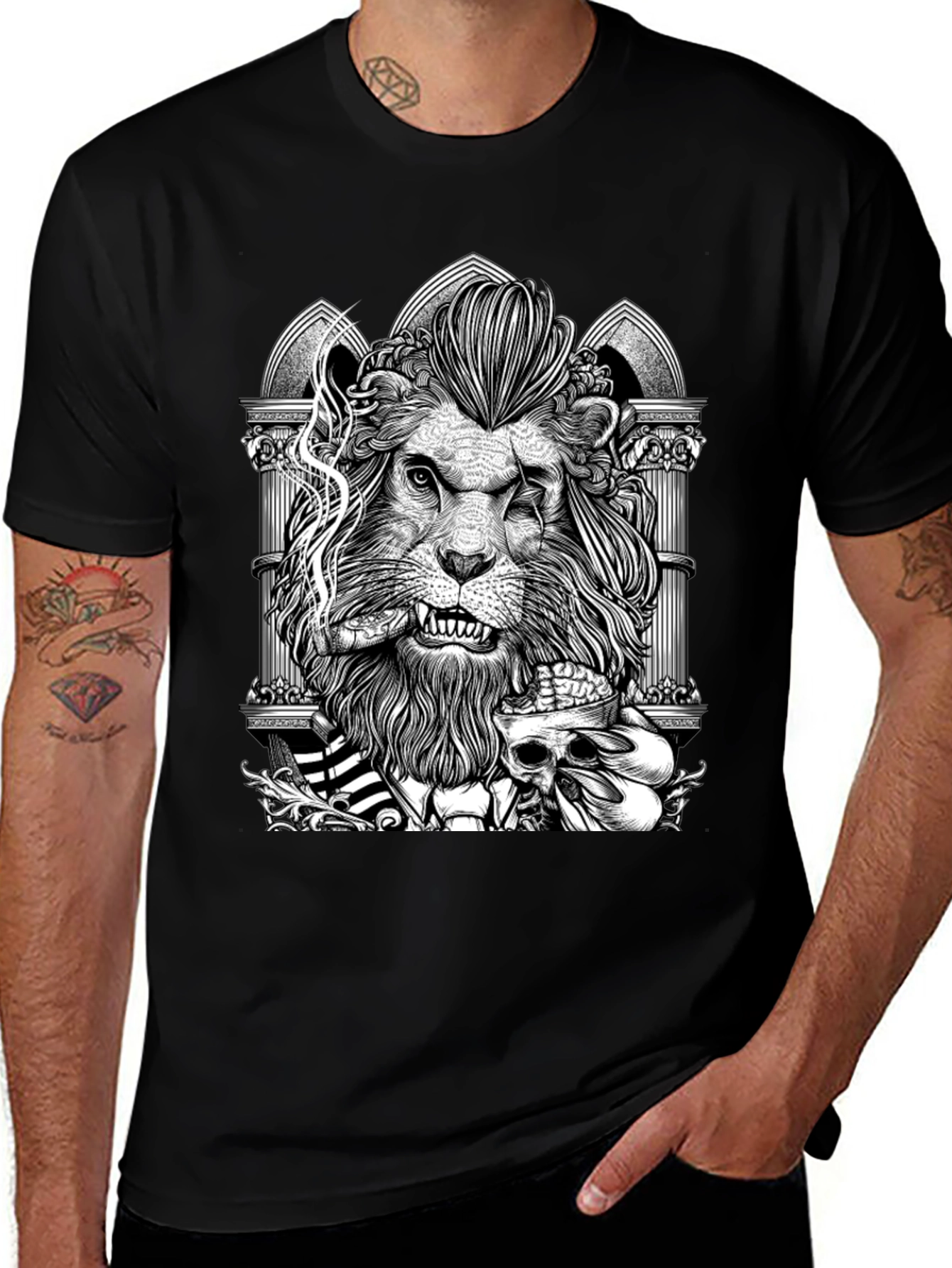 Lion with Skull Graphic Tee - Black