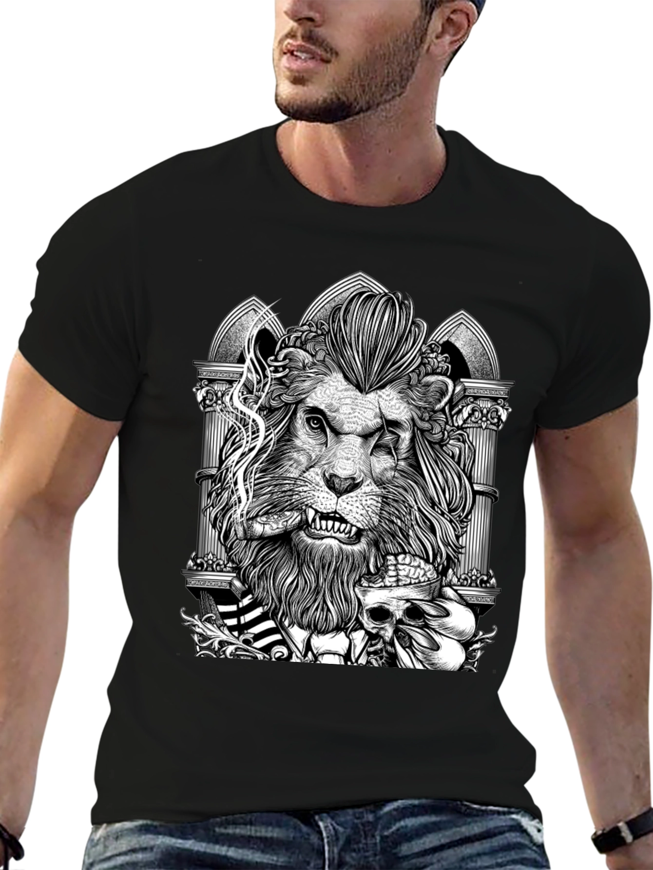 Lion with Skull Graphic Tee - Black