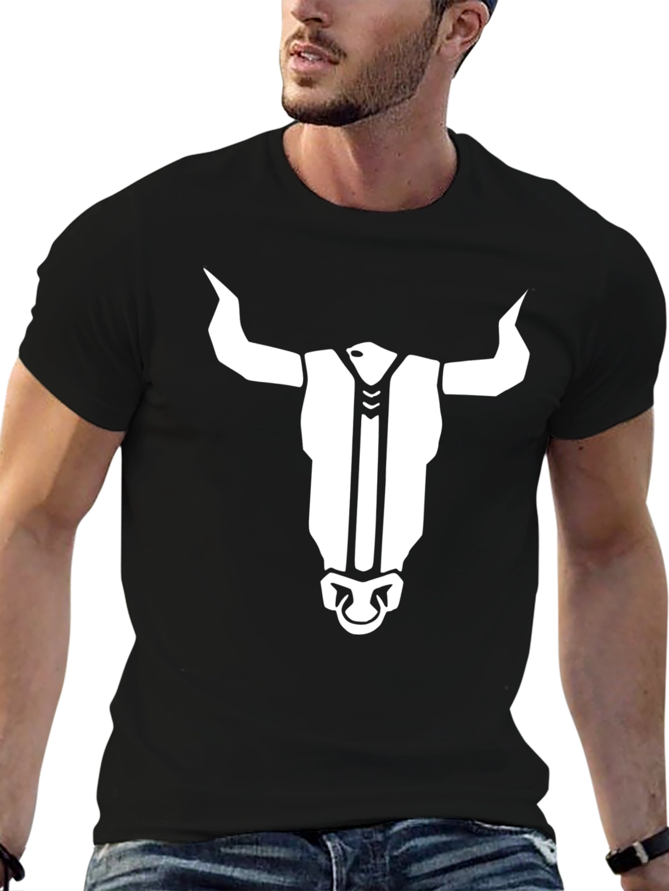 Black T-Shirt with Bull Head Graphic Print