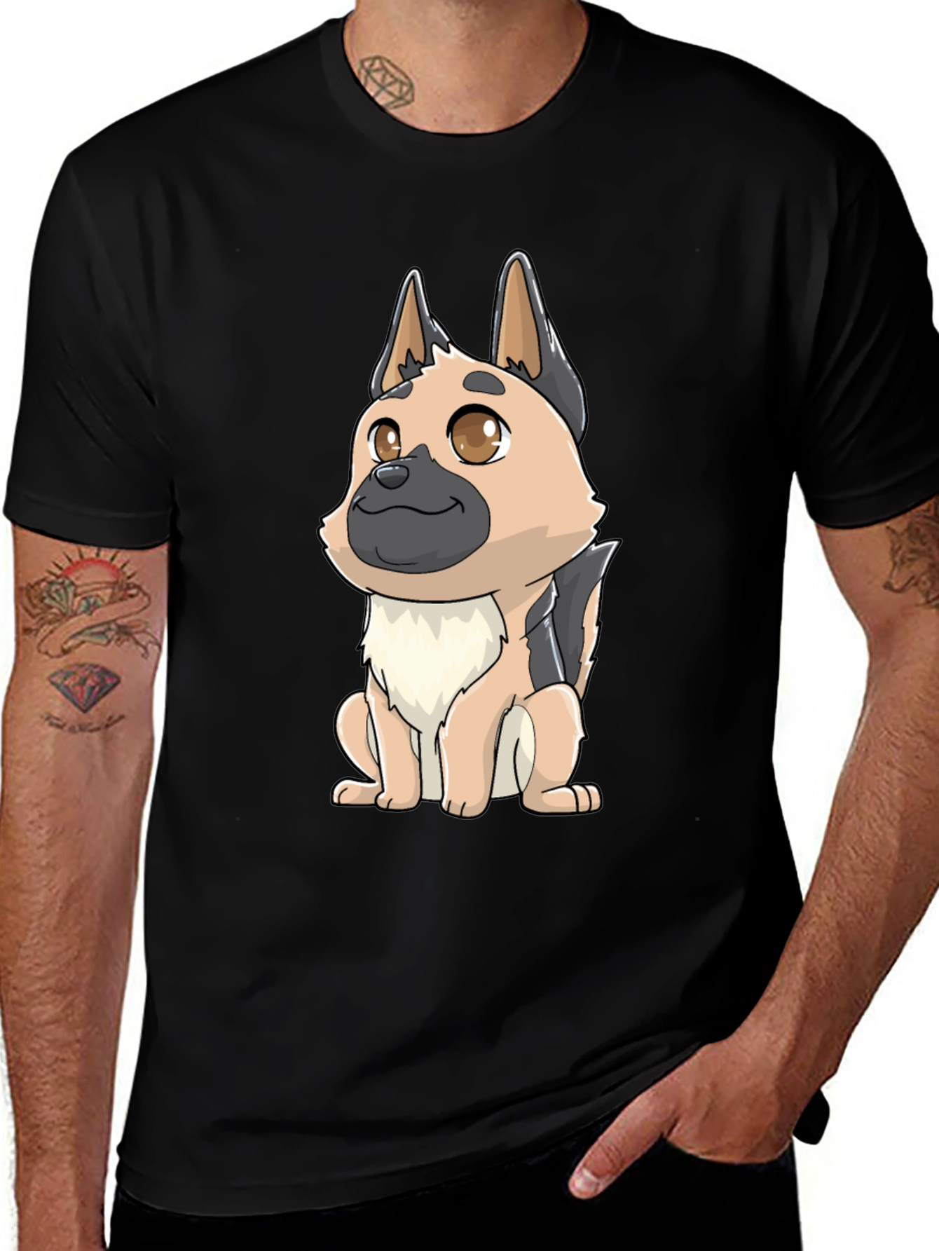 Cartoon German Shepherd Black T-Shirt