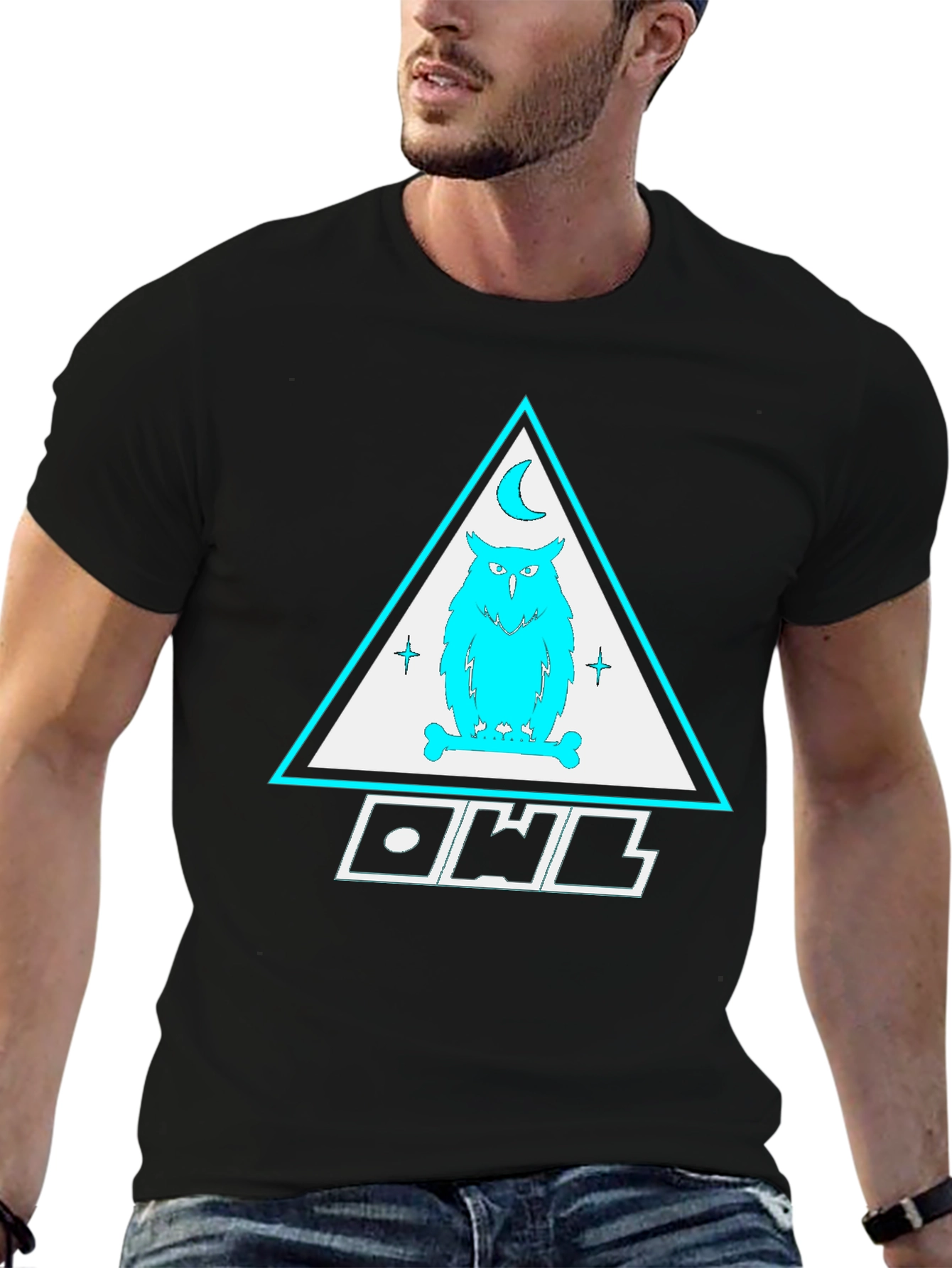 Owl Triangle Graphic Print Black T-Shirt
