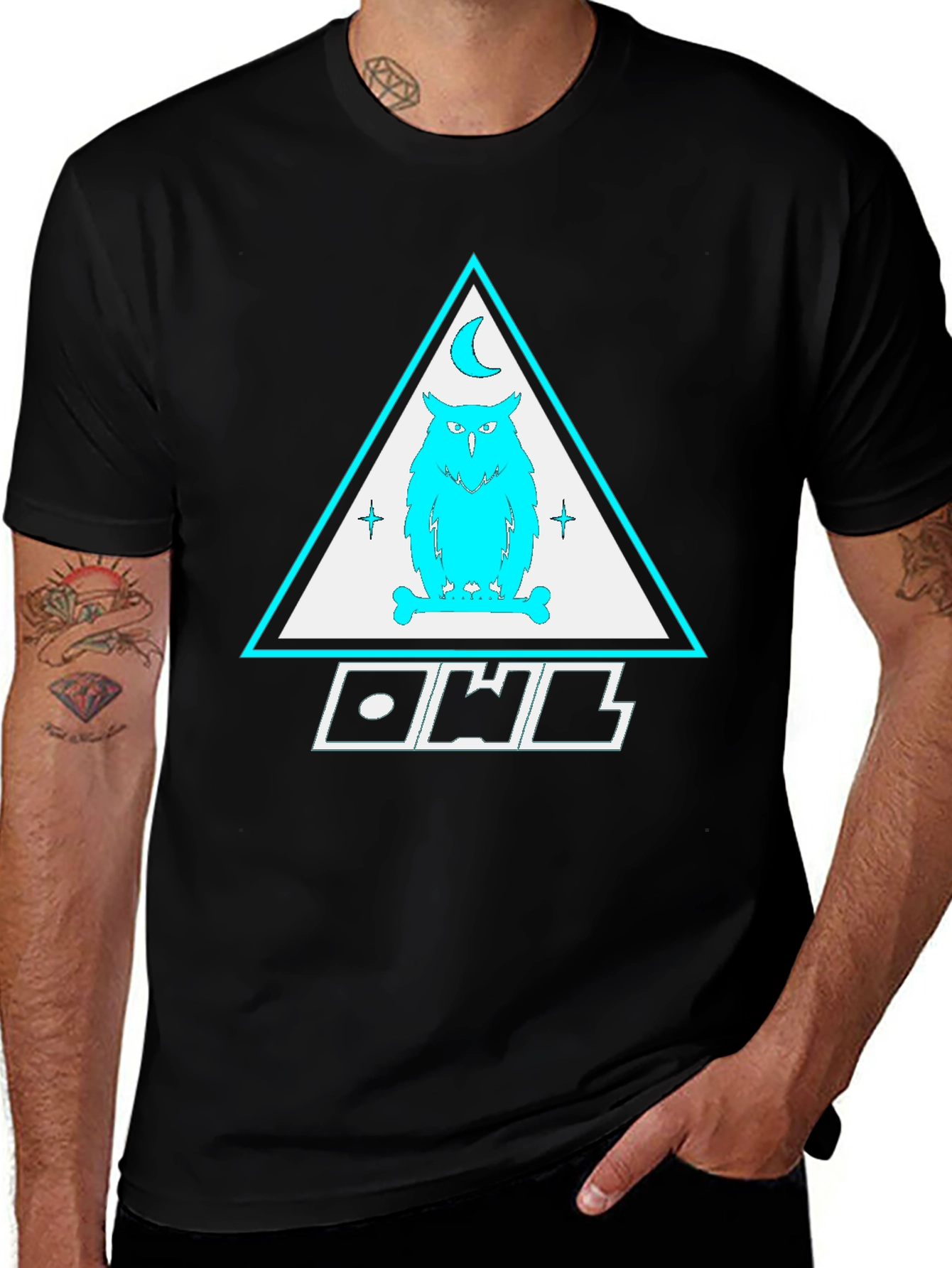 Owl Triangle Graphic Print Black T-Shirt
