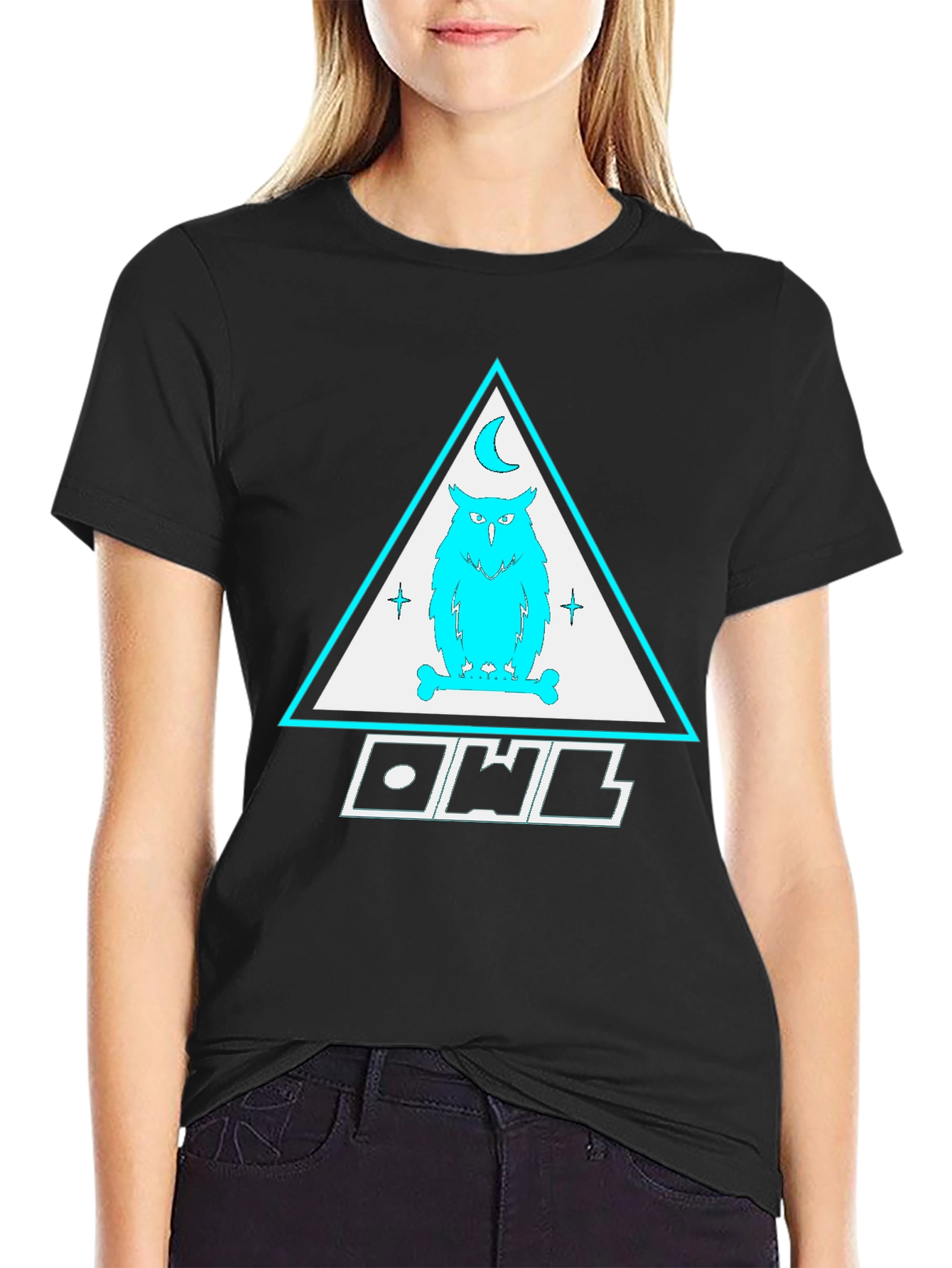 Owl Triangle Graphic Print Black T-Shirt